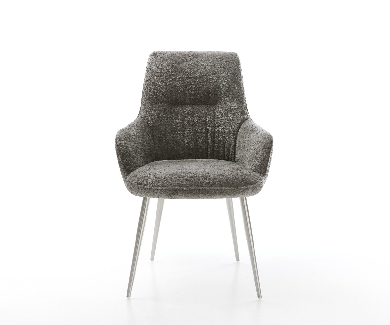 Chaise-de-salle-à-manger Zelia-Flex avec accoudoirs bouclé doux couleur boue 4 pieds coniques acier inoxydable resorts ensachés 1