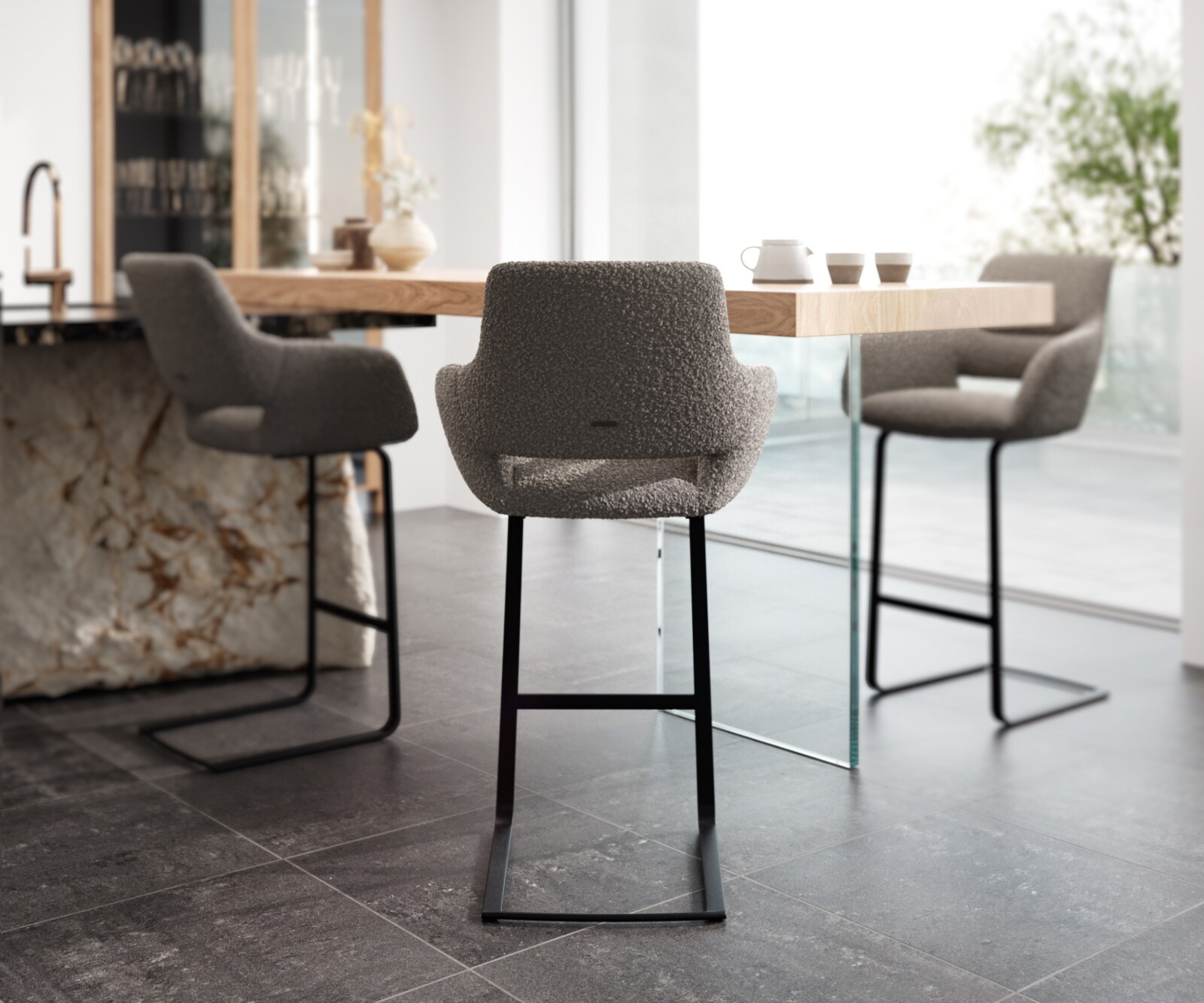 Chaise-de-bar Yago-Flex Bouclé Gris argenté Piétement luge plat Métal noir Ressorts ensachés 2