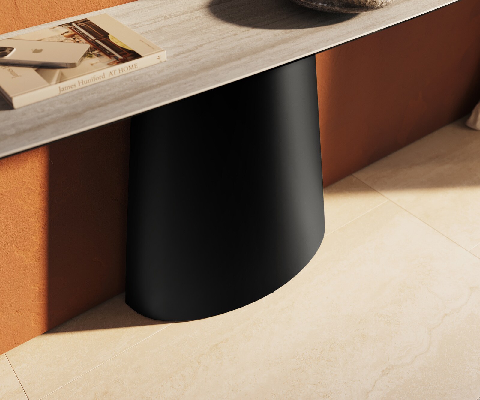 Console Edge forme bateau 180x40 cm Céramique Laminam® Travertino Bianco Creme-Weiß Conos Métal Noir 6