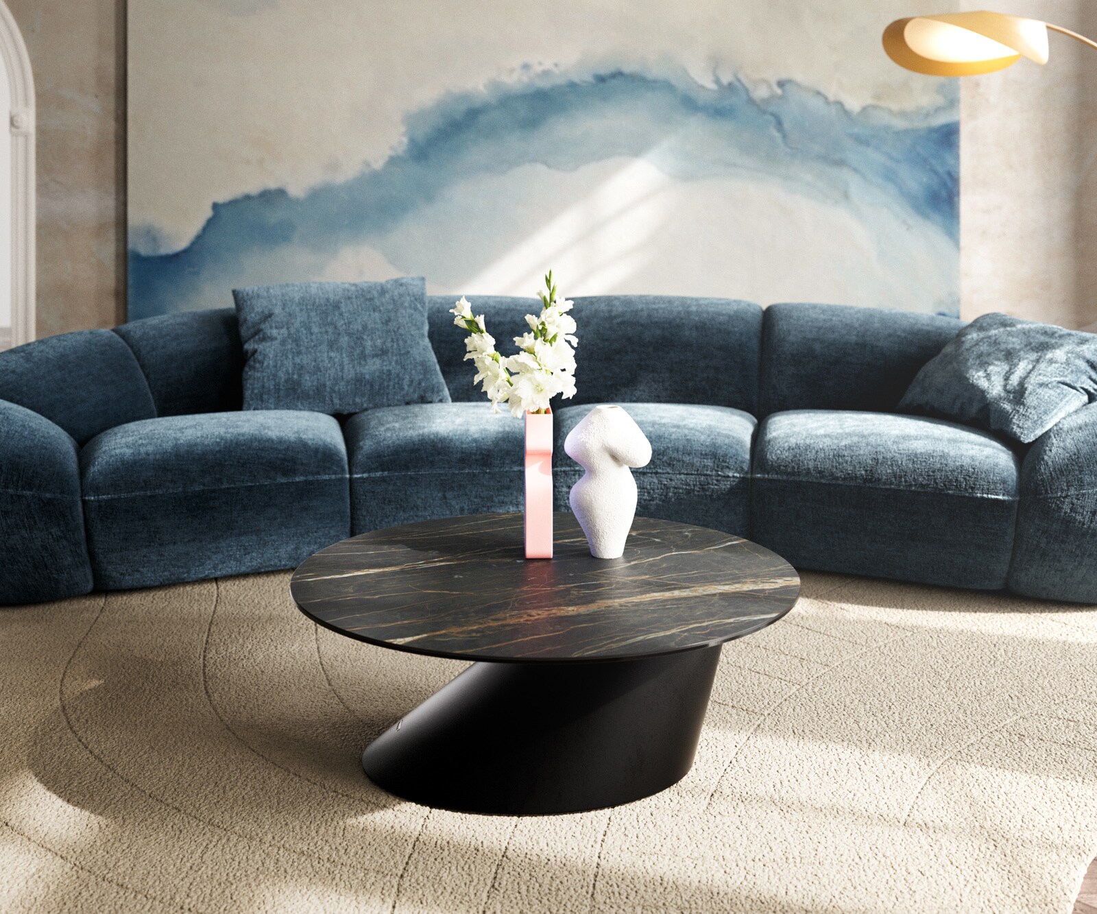 Table basse Edge rond 90x90 cm céramique Laminam® Noir Desir brun Conis métal noir 2