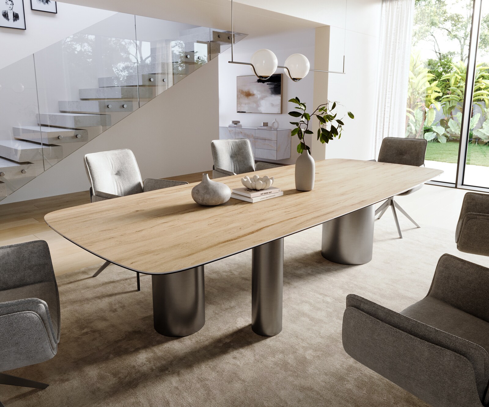 Table à manger Edge Boot 300x120 cm Céramique Laminam® Sabbia Eichefarbig Troa Acier inoxydable Graphite 1