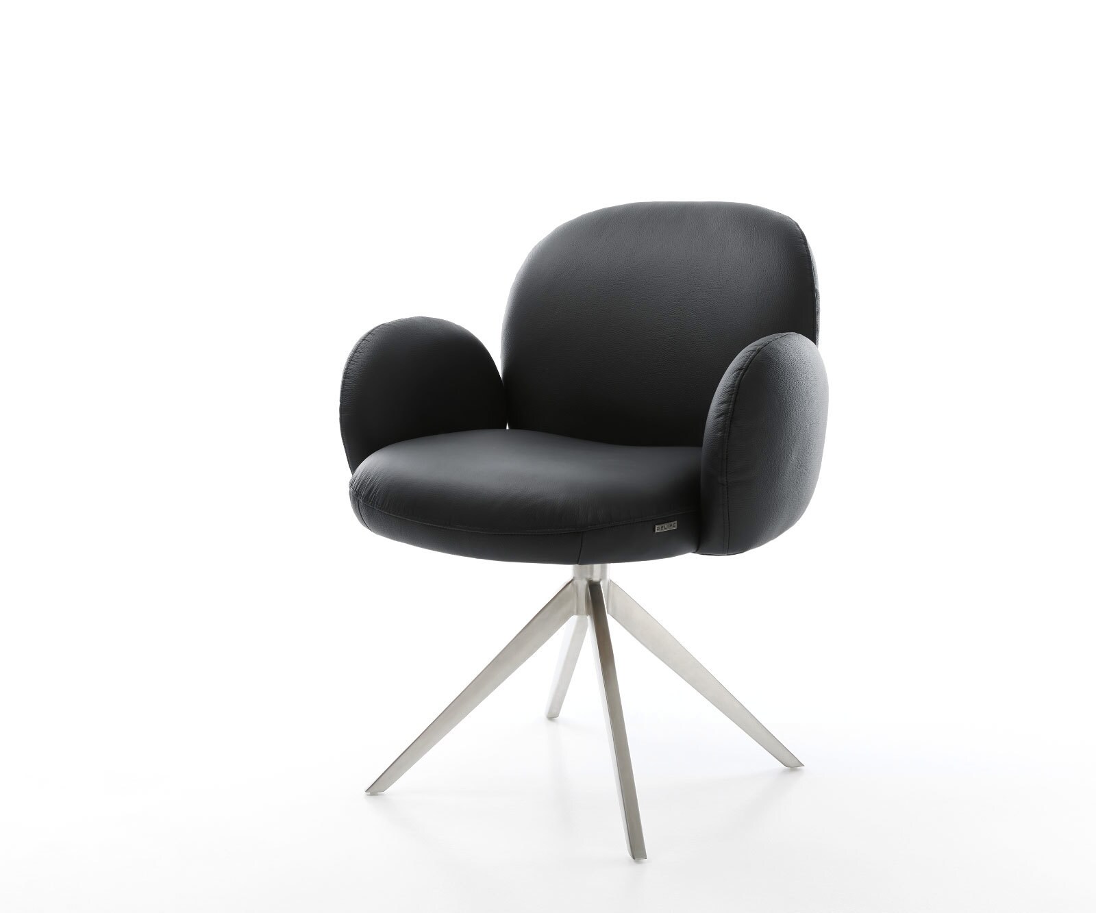 Chaise-pivotante Nube-Flex cuir de vache noir pied croisé large acier inoxydable brossé pivotement sur 360° fonction bascule ressorts ensachés