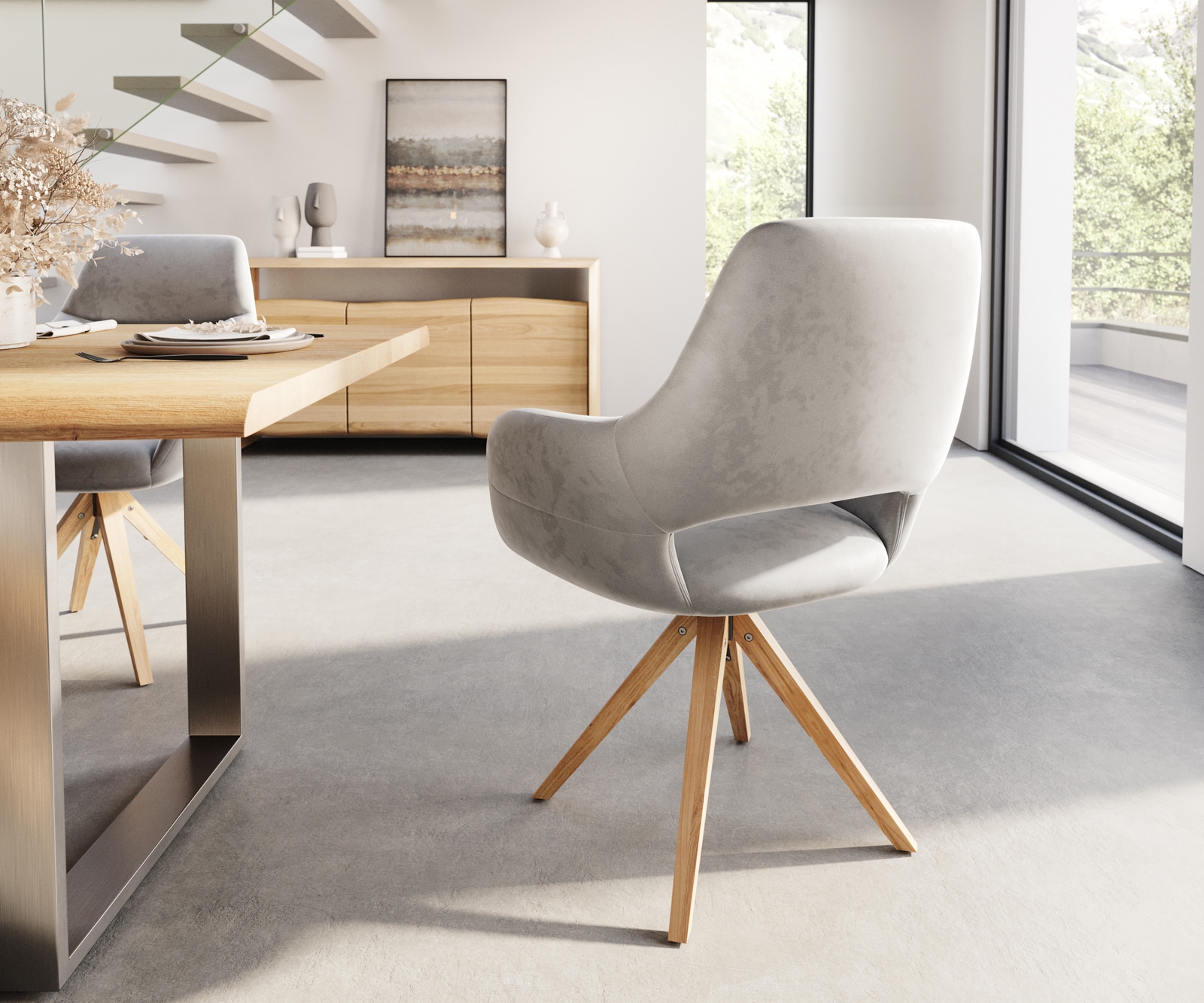 Chaise-de-salle-à-manger Yago-Flex avec accoudoirs velours gris pied en bois angulaire naturel ressorts ensachés 4 Chaise-de-salle-à-manger Yago-Flex avec accoudoirs velours gris pied en bois angulaire naturel ressorts ensachés 4