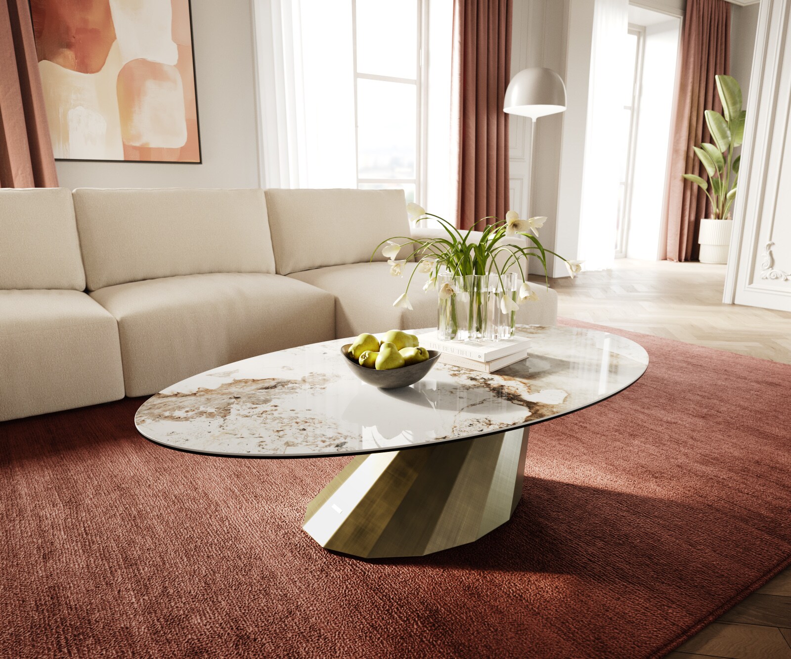 Table basse Edge Oval 140x80 cm céramique Minas Melange Parabi doré métallique 1