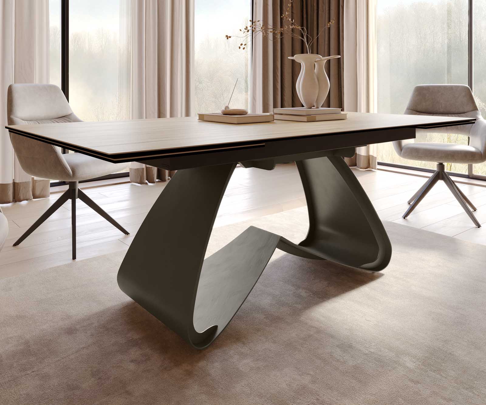 Table à manger Edge 200-300x100 Céramique Laminam® Sabbia Couleur chêne cadre en W Finition effet titane Extensible 7