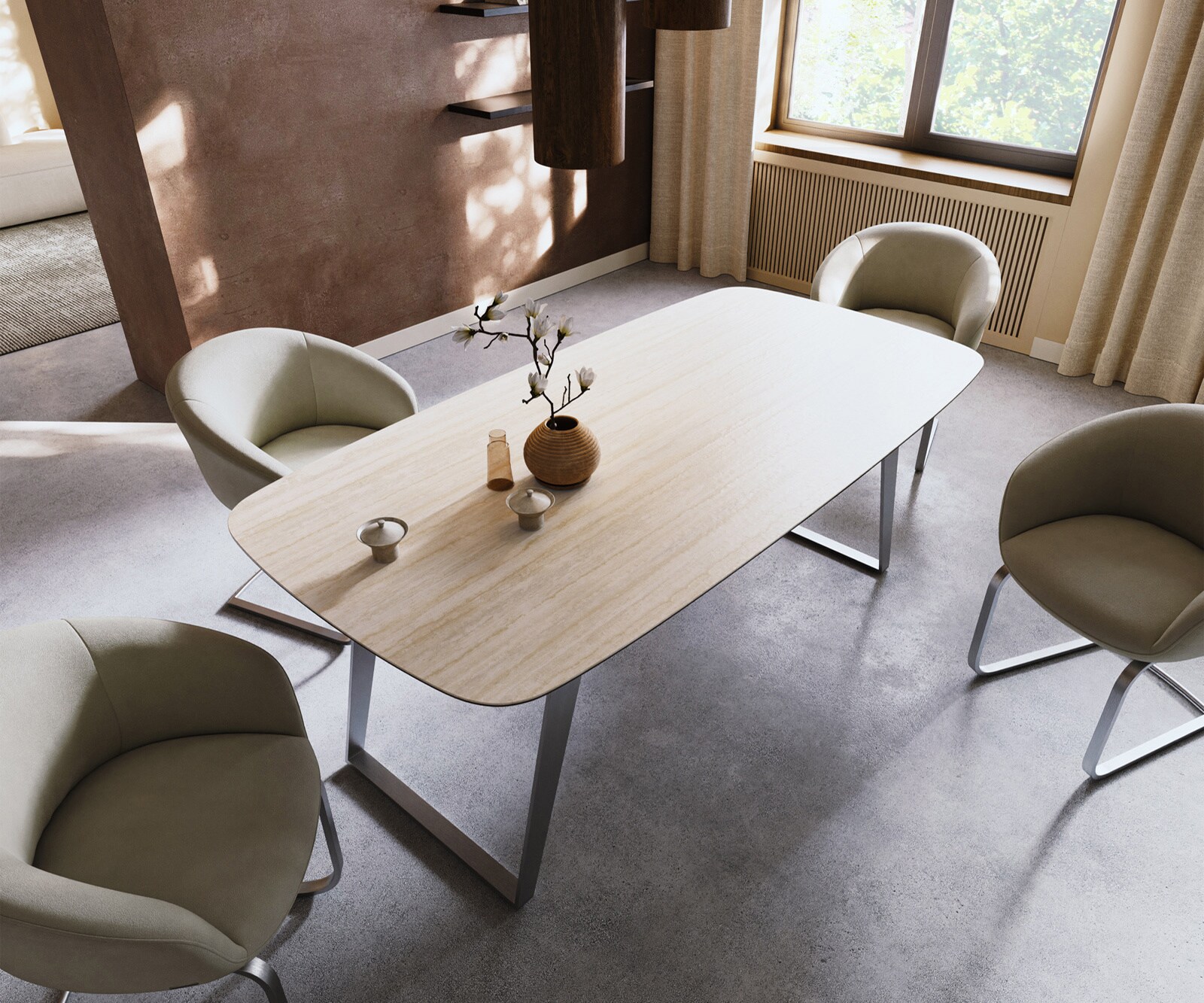 Table à manger Edge Boot 200x100 céramique Laminam® Travertino Bianco crème-blanc acier inoxydable incliné 4