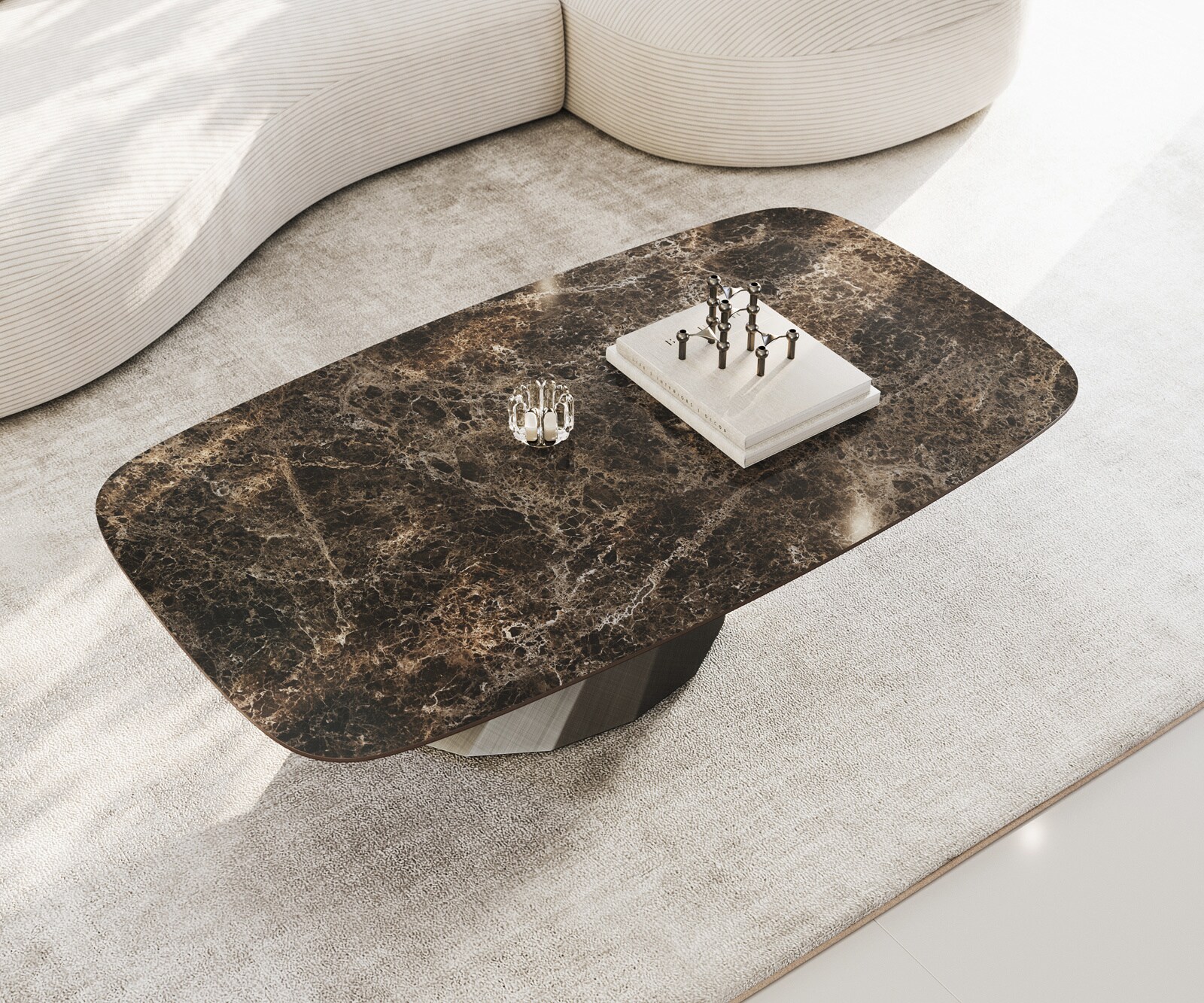 Table basse Edge Boot 140x80 cm céramique Laminam® Emperador Extra Lucidato brun foncé Parabi argent métallique 4