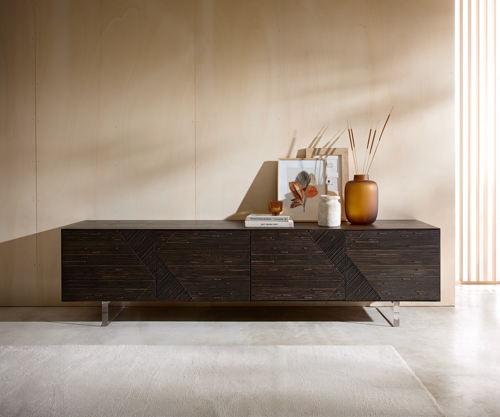 Meuble-TV Tereos 220 cm Frêne brun foncé Effet 3D 4 portes Pieds suspendus Verre acrylique 1