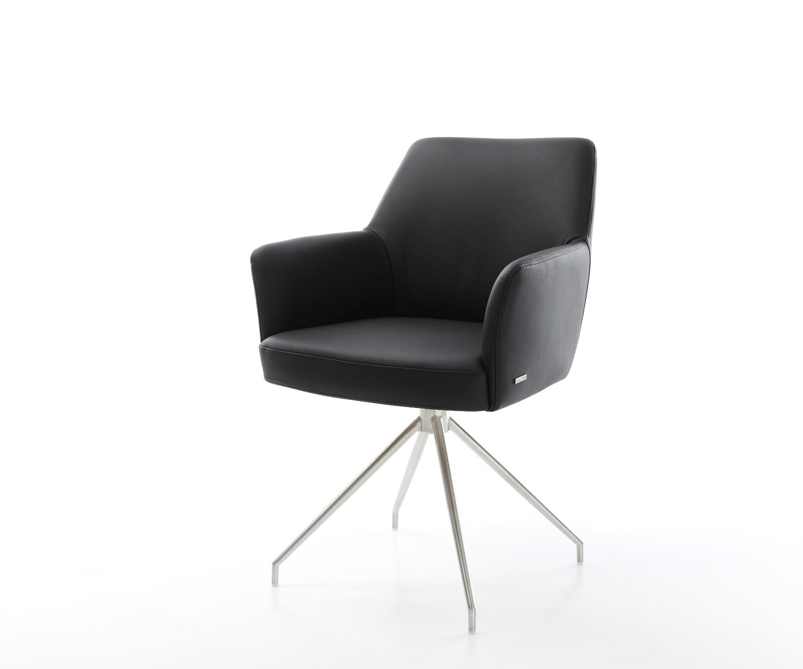 Chaise-pivotante Xana-Flex avec accoudoirs cuir de vache noir pied croisé conique acier inoxydable brossé pivotement sur 180° ressorts ensachés