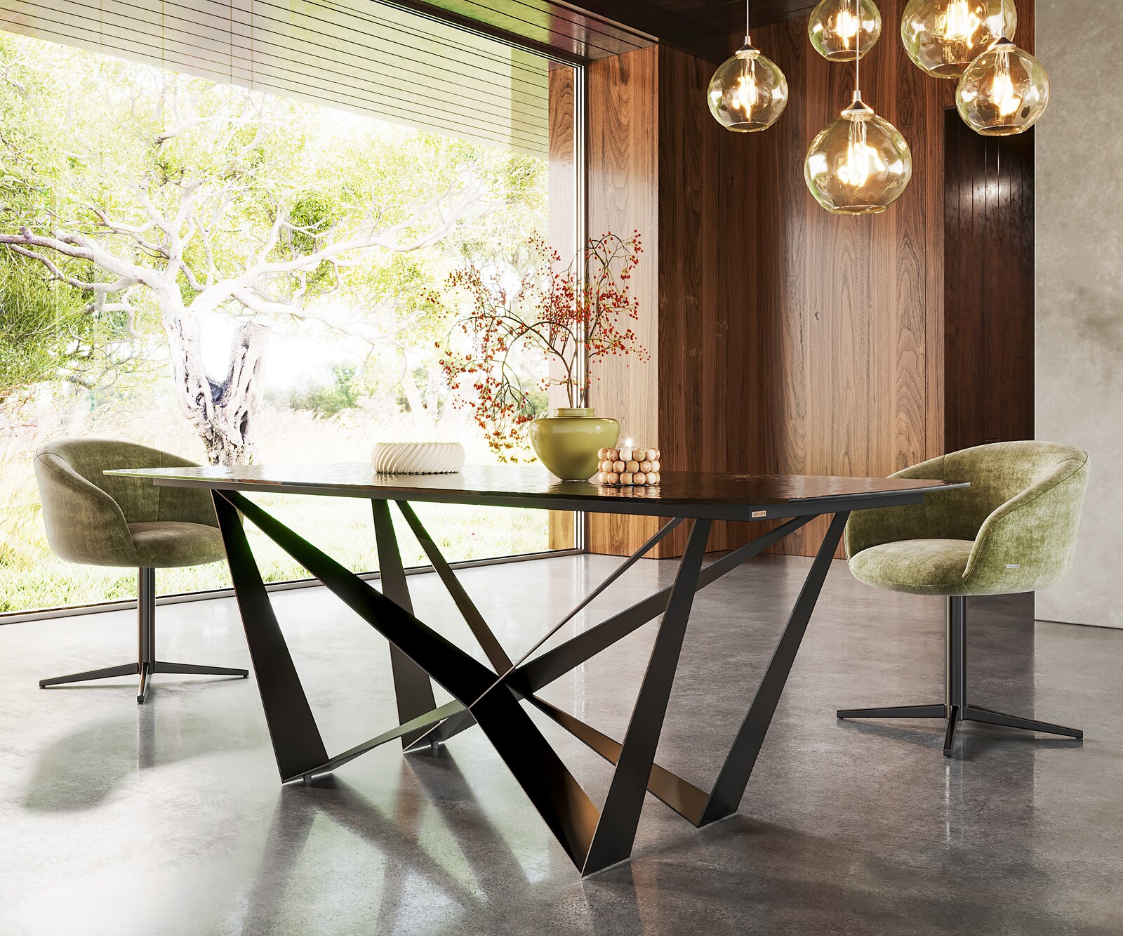 Table à manger Edge en forme de bateau 200x100 verre fondu noir fumé relief en 3D Spider acier plat noir 4