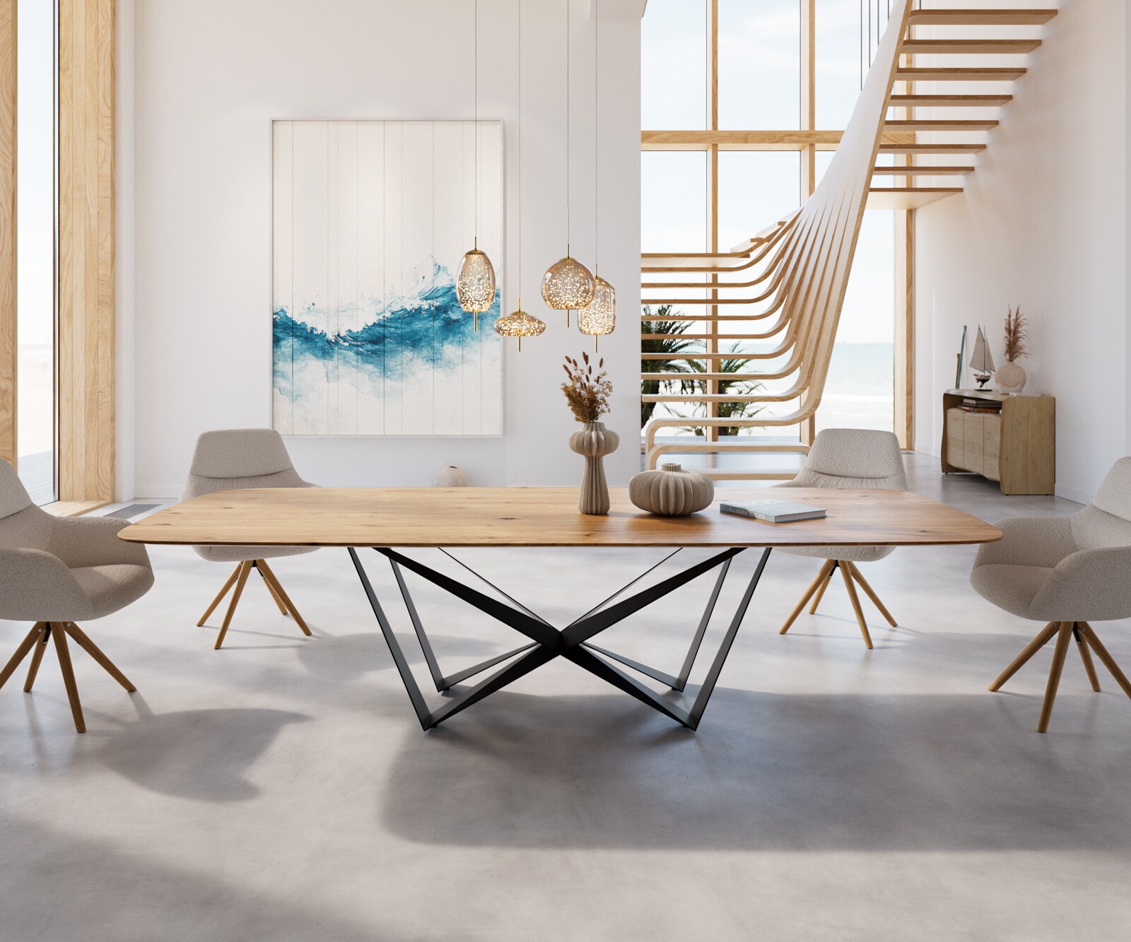 Table à manger Edge Boot 300x120x2,5-3 chêne nature Spider acier plat noir bord suisse 1