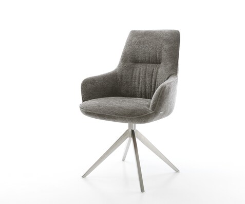 Chaise-pivotante Zelia-Flex avec accoudoirs bouclé doux couleur boue pied croisé large acier inoxydable pivotement sur 360° fonction bascule resorts ensachés