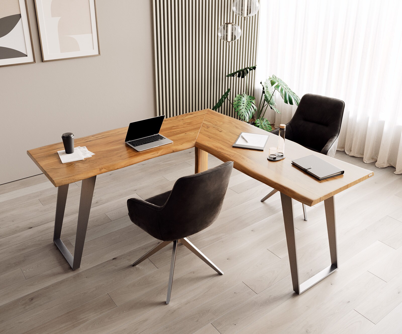 Bureau Live-Edge 170x170 acacia nature cadre gris tronc d'arbre 5