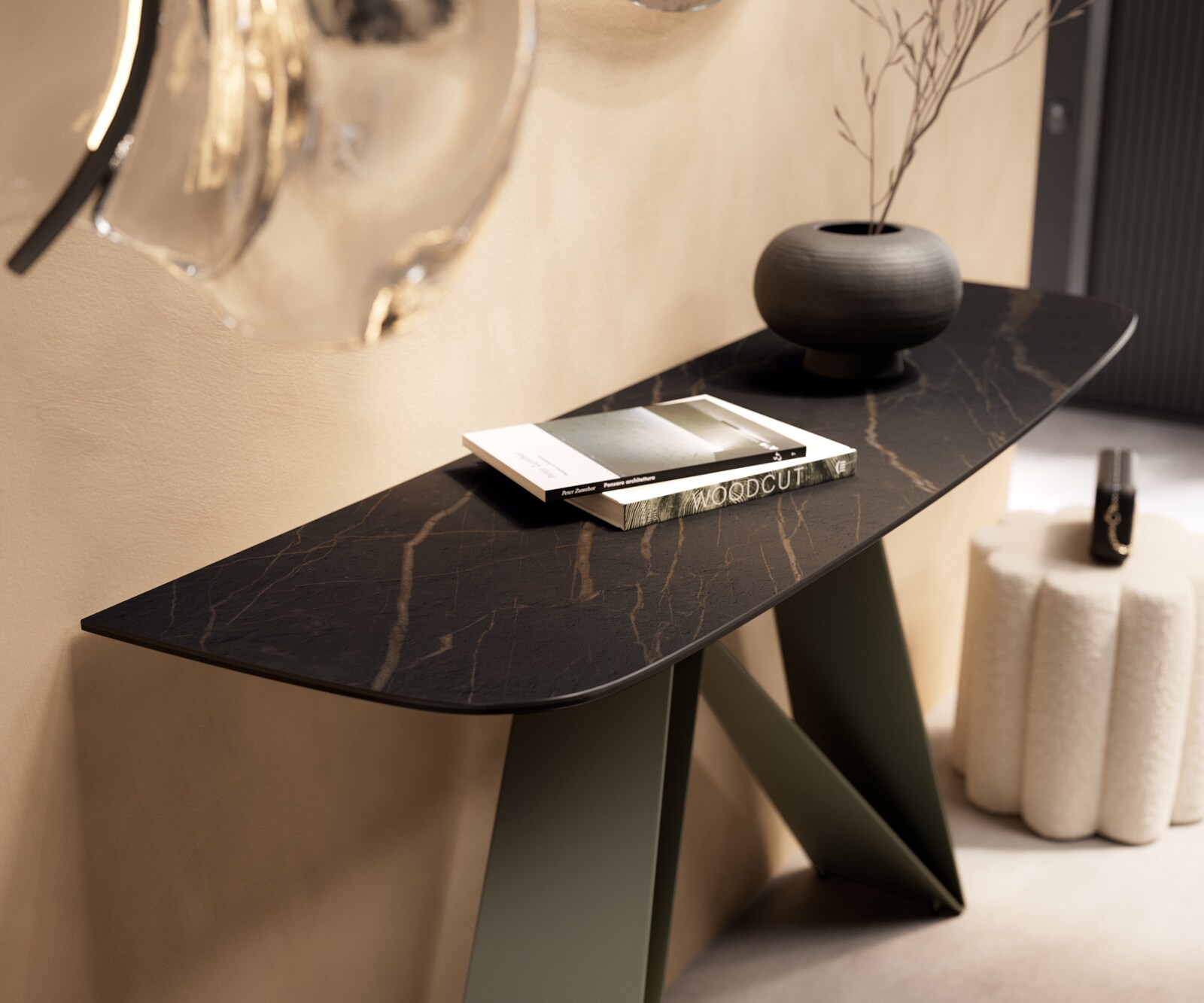 Console Edge forme bateau 140x40 cm Céramique Laminam® Noir Desir Braun Velio Métal Effektfinish Titan 6