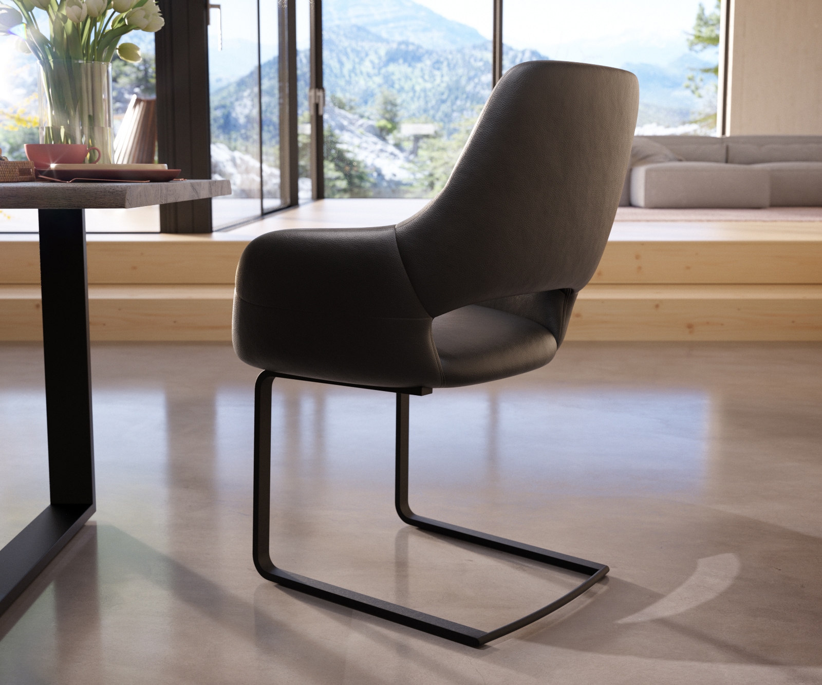 Cantilever Yago-Flex avec accoudoirs cuir de vache noir pied cantilever plat noir ressorts ensachés 4 Cantilever Yago-Flex avec accoudoirs cuir de vache noir pied cantilever plat noir ressorts ensachés 4