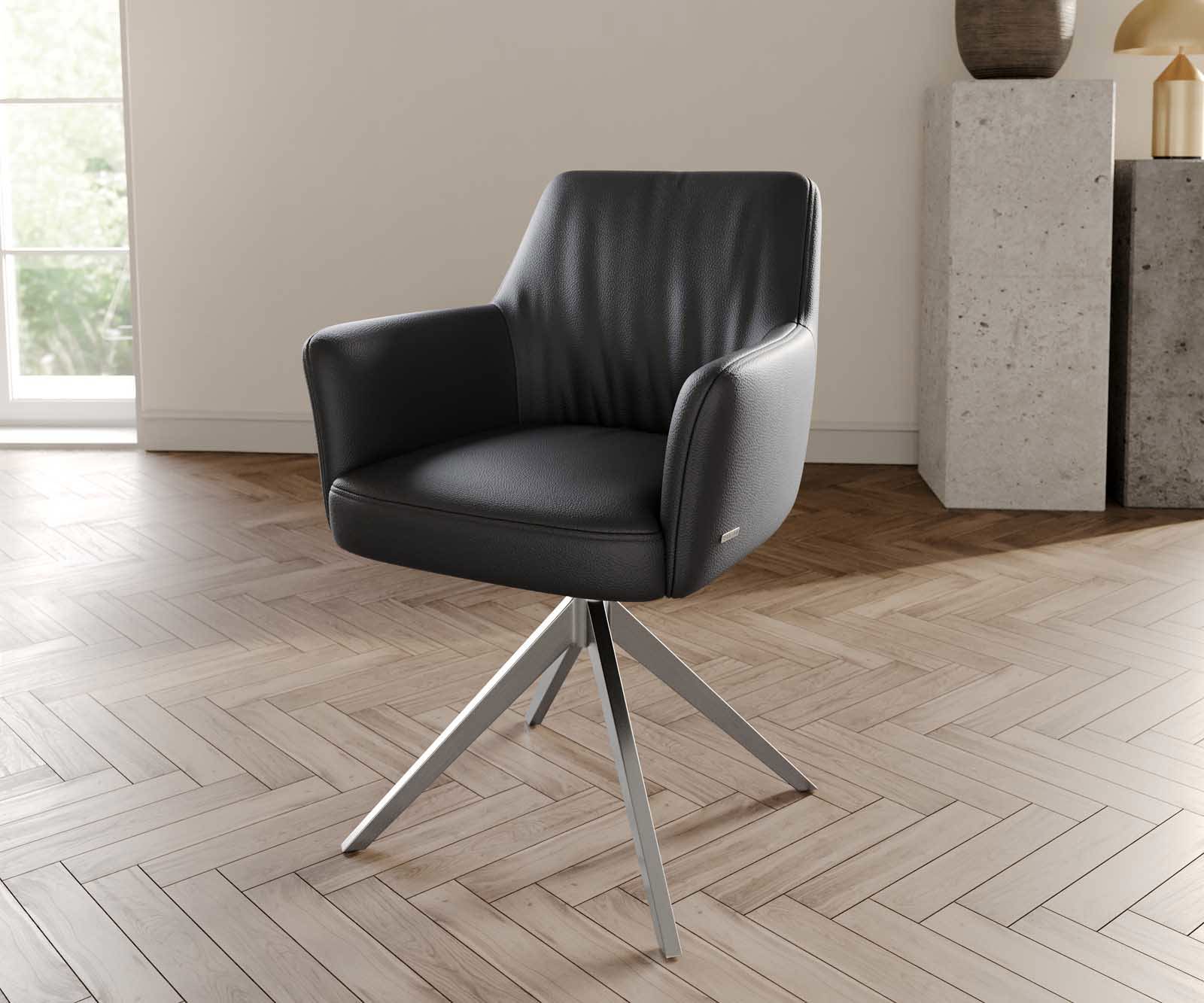 Chaise-pivotante Xana-Flex avec accoudoirs cuir de vache noir pied croisé large acier inoxydable brossé pivotement sur 360° ressorts ensachés