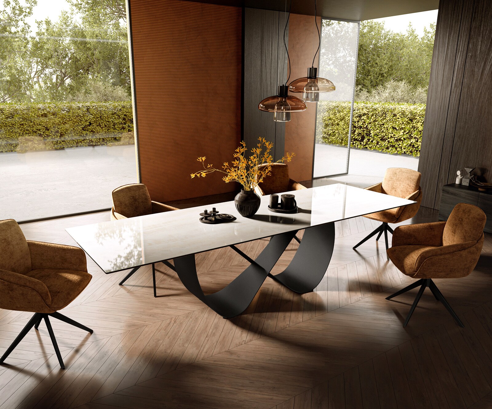 Table à manger Edge 300x100 cm céramique Onyx Champagne Infinity métal noir 6