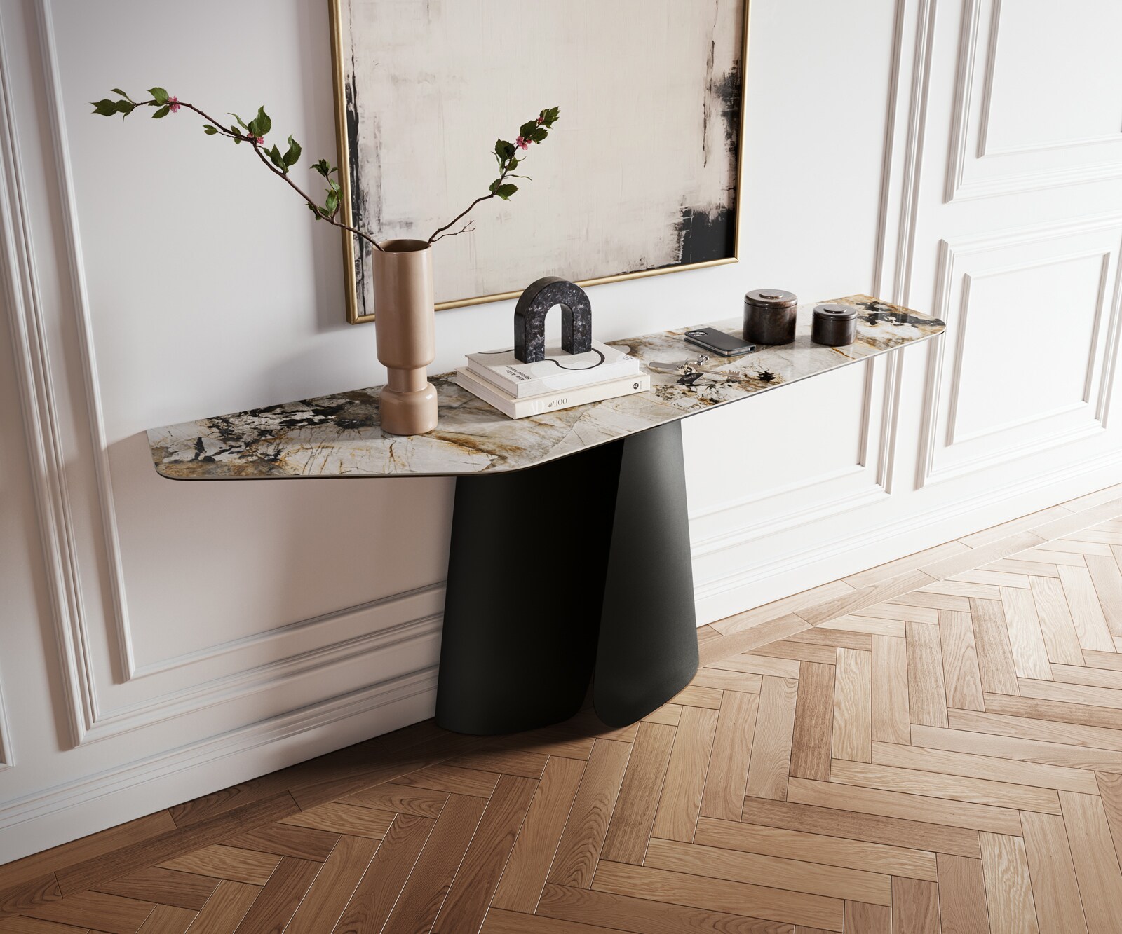 Console Edge Polygonal 180x50 cm Céramique Patagonia Poliert Livos Métal Noir