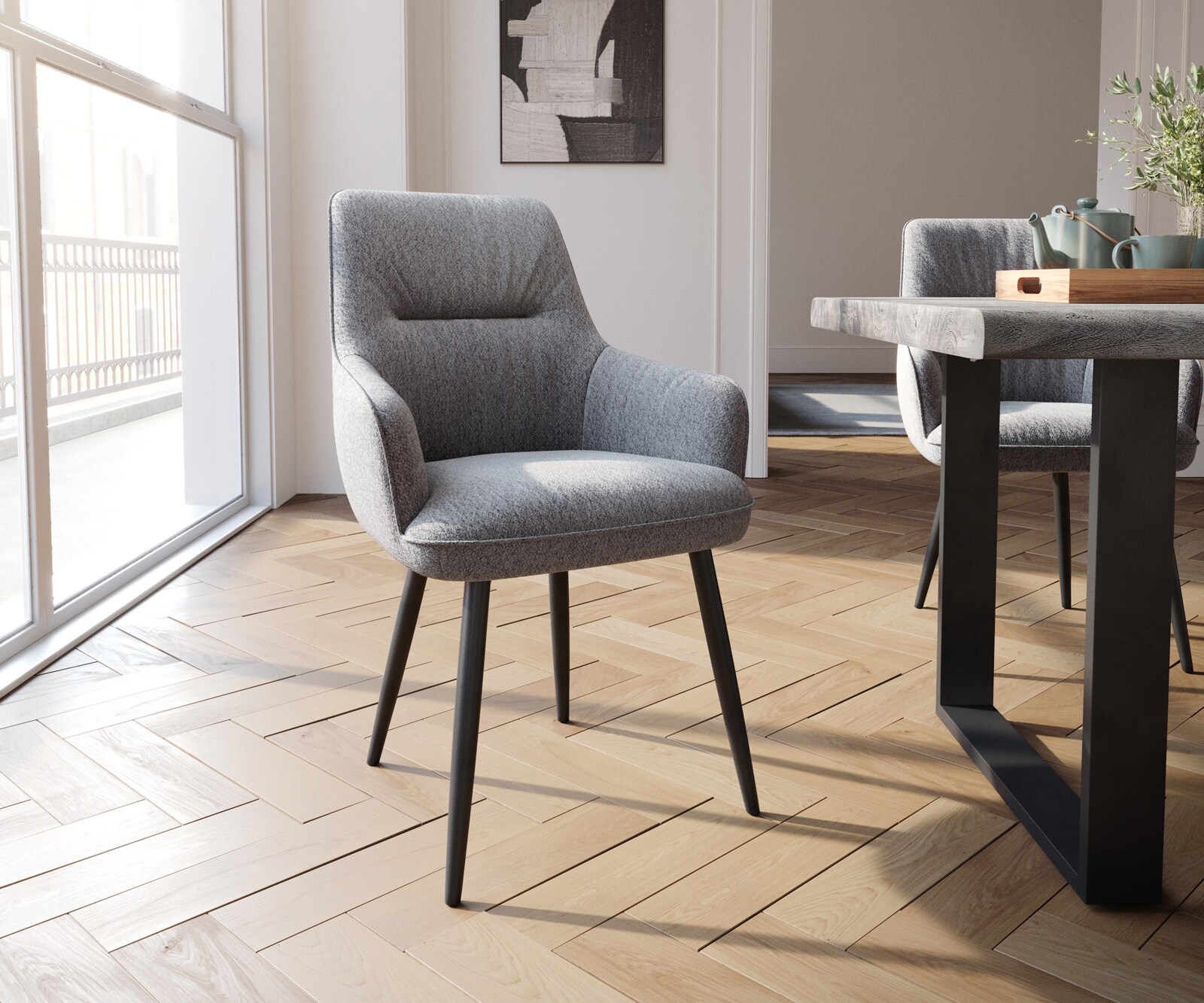 Chaise-de-salle-à-manger Zelia-Flex avec accoudoirs tissu texturé gris clair 4 pieds coniques noir ressorts ensachés