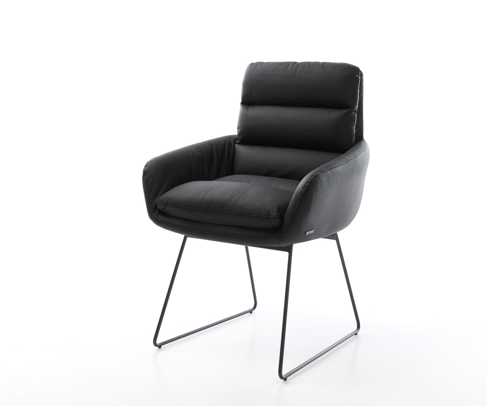 Chaise-de-salle-à-manger Abelia-Flex avec accoudoirs cuir de vache noir pied trapèze noir
