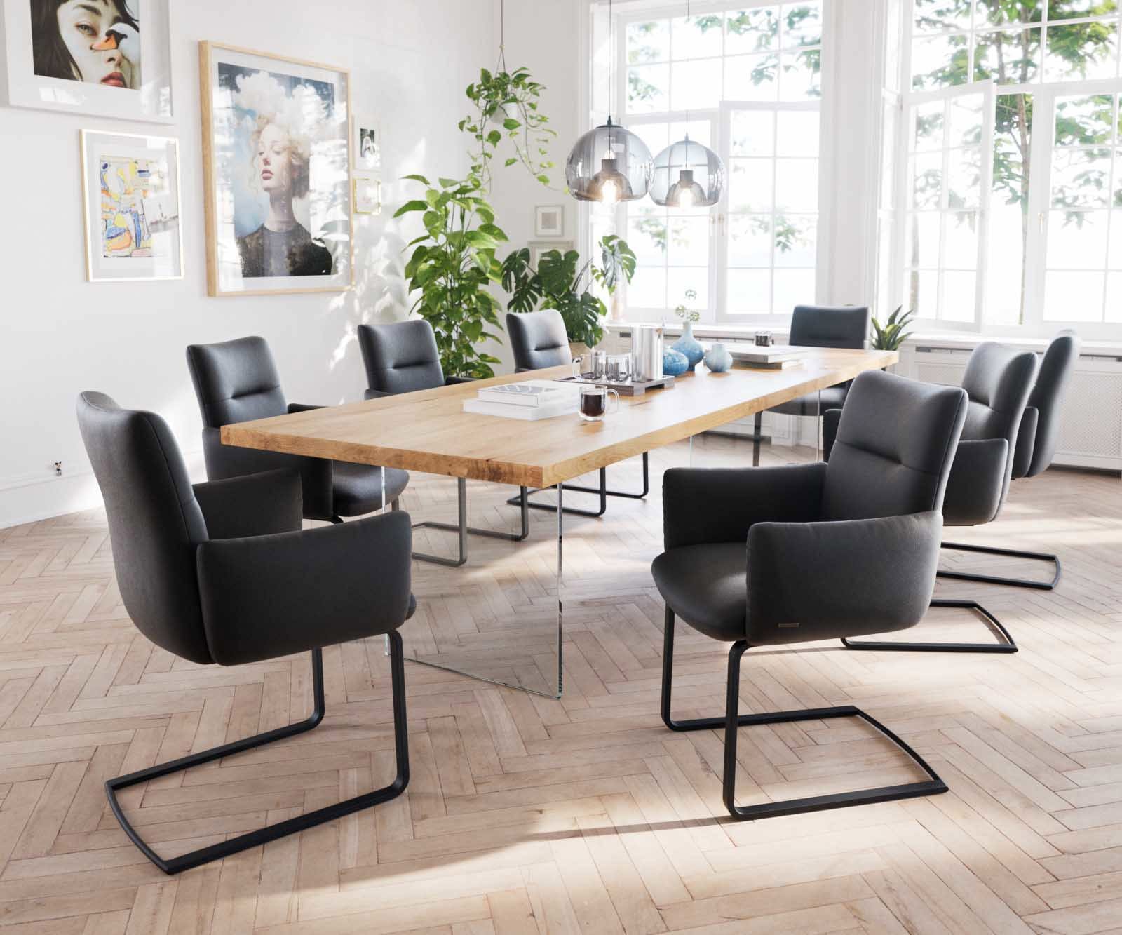 Cantilever Jova-Flex avec accoudoirs cuir de vache noir pied cantilever plat noir ressorts ensachés 4 Cantilever Jova-Flex avec accoudoirs cuir de vache noir pied cantilever plat noir ressorts ensachés 4