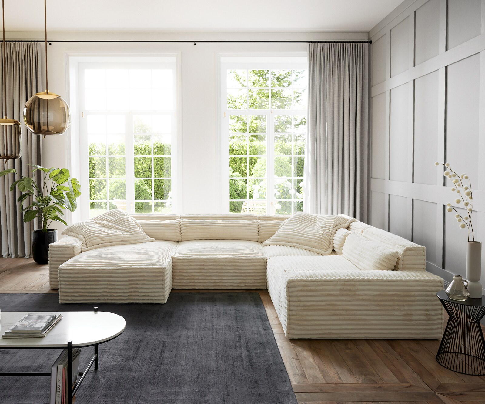 Canapé panoramique Sirpio XL 360x260 cm velours côtelé Beige Recamière variable 1 Canapé panoramique Sirpio XL 360x260 cm velours côtelé Beige Recamière variable 1