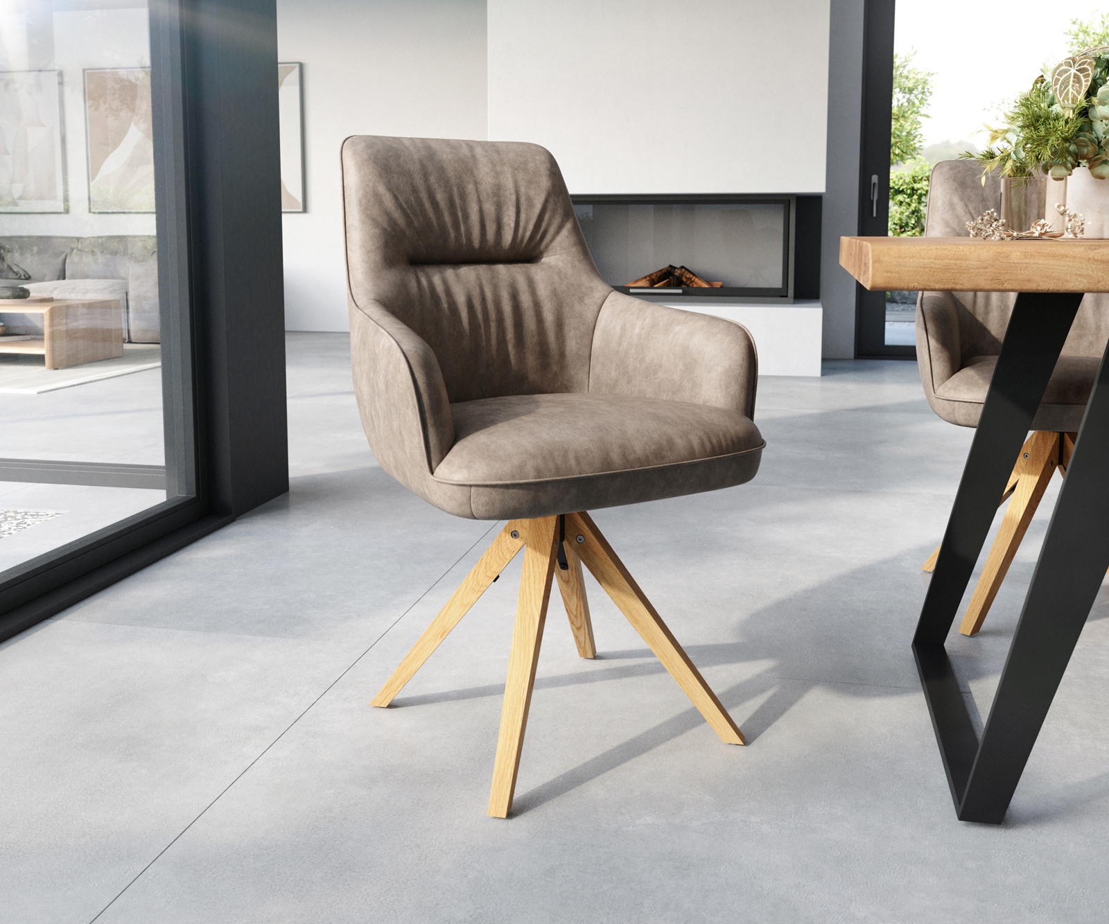 Chaise-de-salle-à-manger Zelia-Flex avec accoudoirs microvelours taupe vintage pied en bois angulaire naturel ressorts ensachés Chaise-de-salle-à-manger Zelia-Flex avec accoudoirs microvelours taupe vintage pied en bois angulaire naturel ressorts ensachés