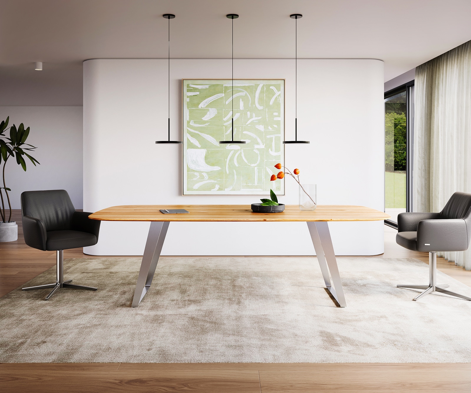 Table à manger Edge Boot 240x120x2,5-3 chêne naturee acier inoxydable incliné bord suisse 1 Table à manger Edge Boot 240x120x2,5-3 chêne naturee acier inoxydable incliné bord suisse 1