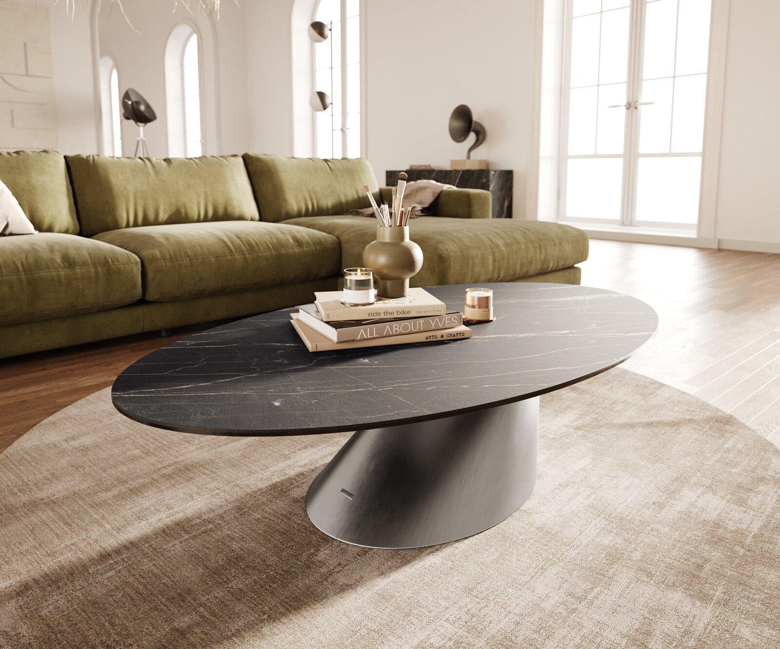 Table basse Edge Oval 140x80 cm céramique Laminam® Noir Desir brun Conis acier inoxydable brossé