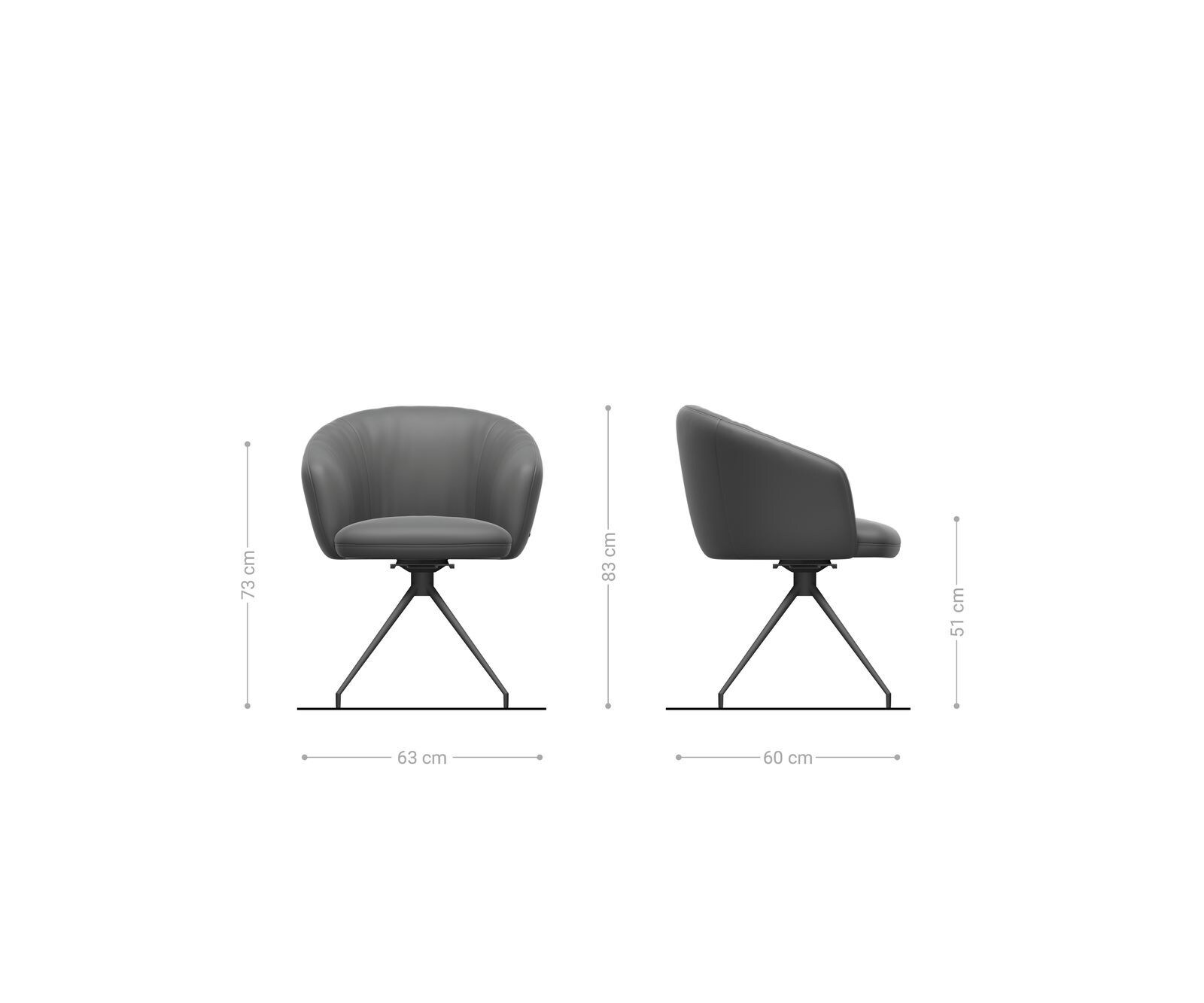 Chaise-pivotante Caja-Flex avec accoudoirs cuir de vache noir pied croisé conique acier inoxydable brossé pivotement sur 180° ressorts ensachés