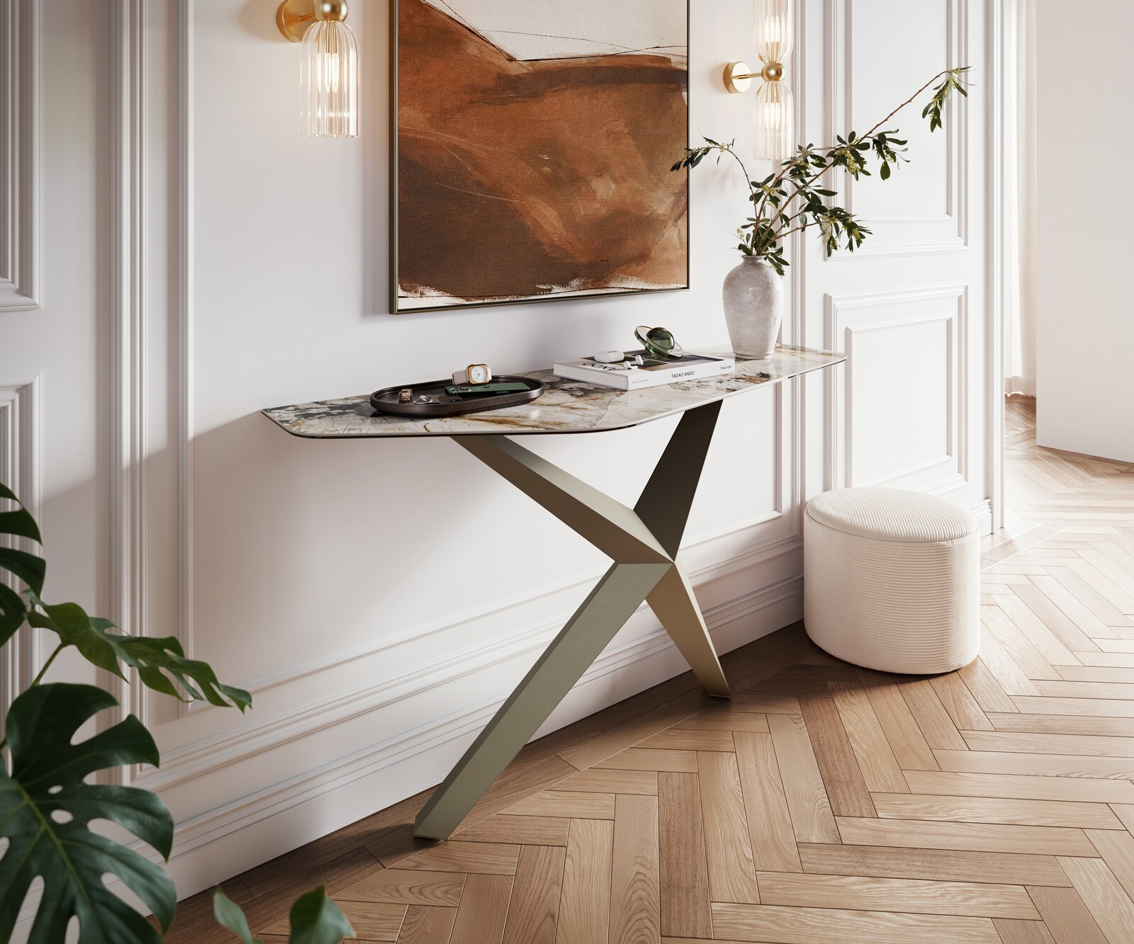 Console Edge Polygonal 140x50 cm Céramique Patagonia Poliert Zentharo Métal Effektfinish Titan 1