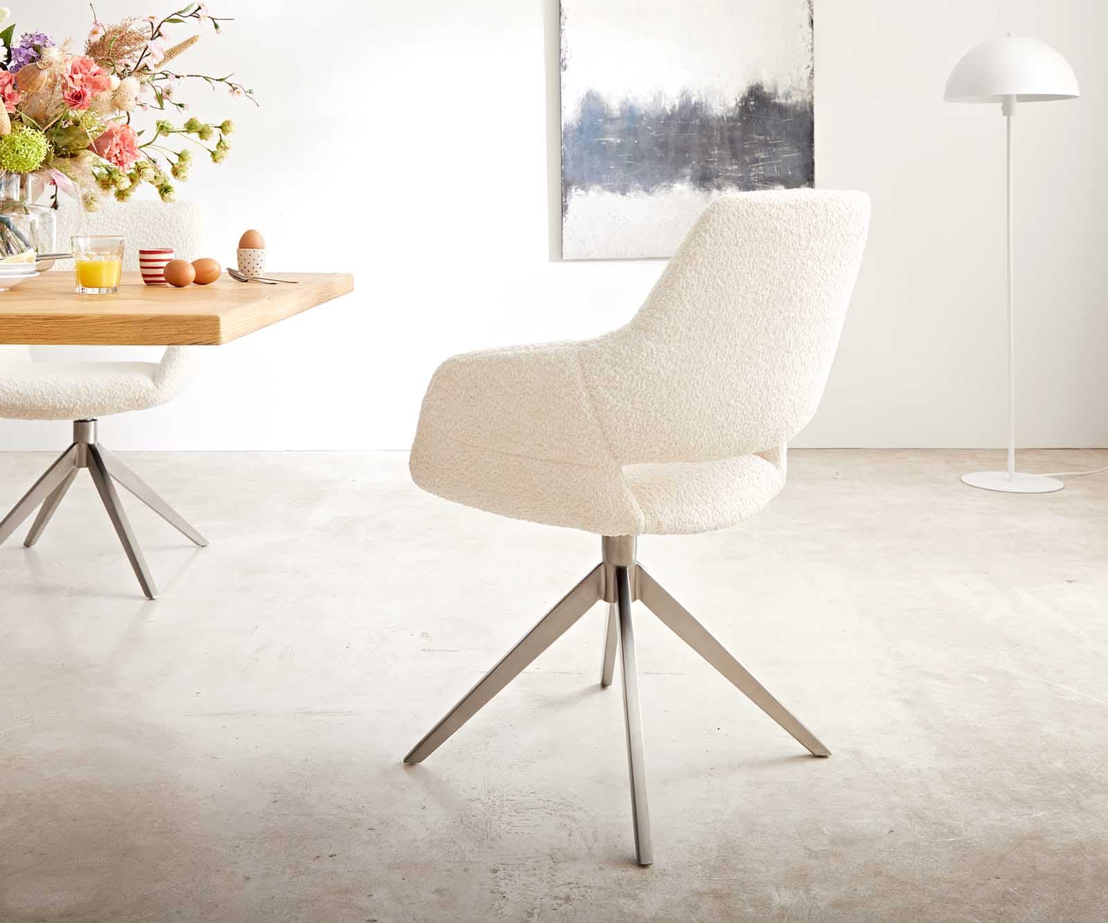 Chaise-pivotante Yago-Flex avec accoudoirs bouclé blanc pied croisé large acier inoxydable brossé pivotement sur 360° ressorts ensachés 2 Chaise-pivotante Yago-Flex avec accoudoirs bouclé blanc pied croisé large acier inoxydable brossé pivotement sur 360° ressorts ensachés 2