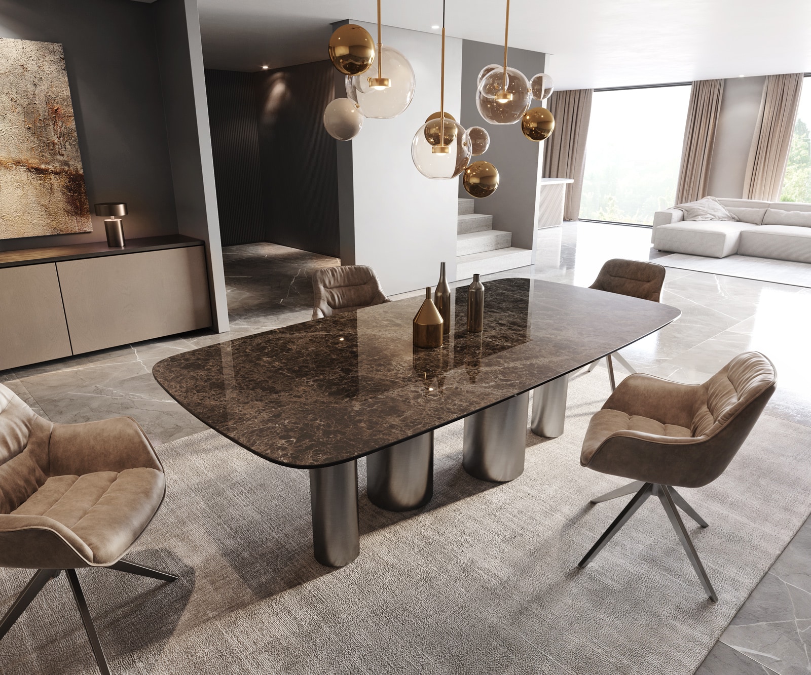 Table de salle à manger Edge Boot Céramique Emperador Extra Lucidato Brun foncé 240x120 Pilier Acier inoxydable Graphite 1