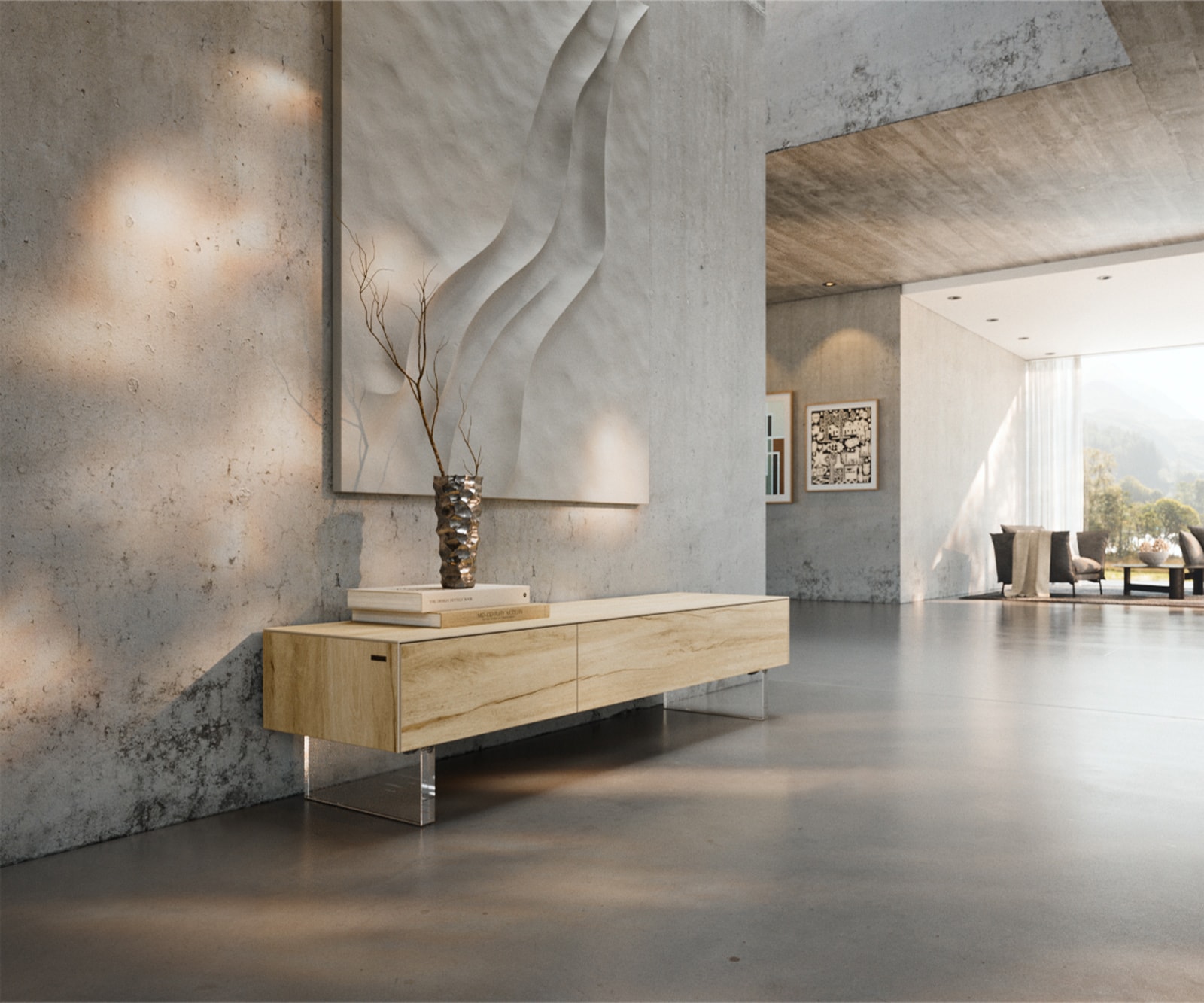 Meuble-TV Cuor 150 cm Céramique Laminam® Sabbia Teinte chêne 1 Clapet 1 Tiroir Pied optique flottant Verre acrylique