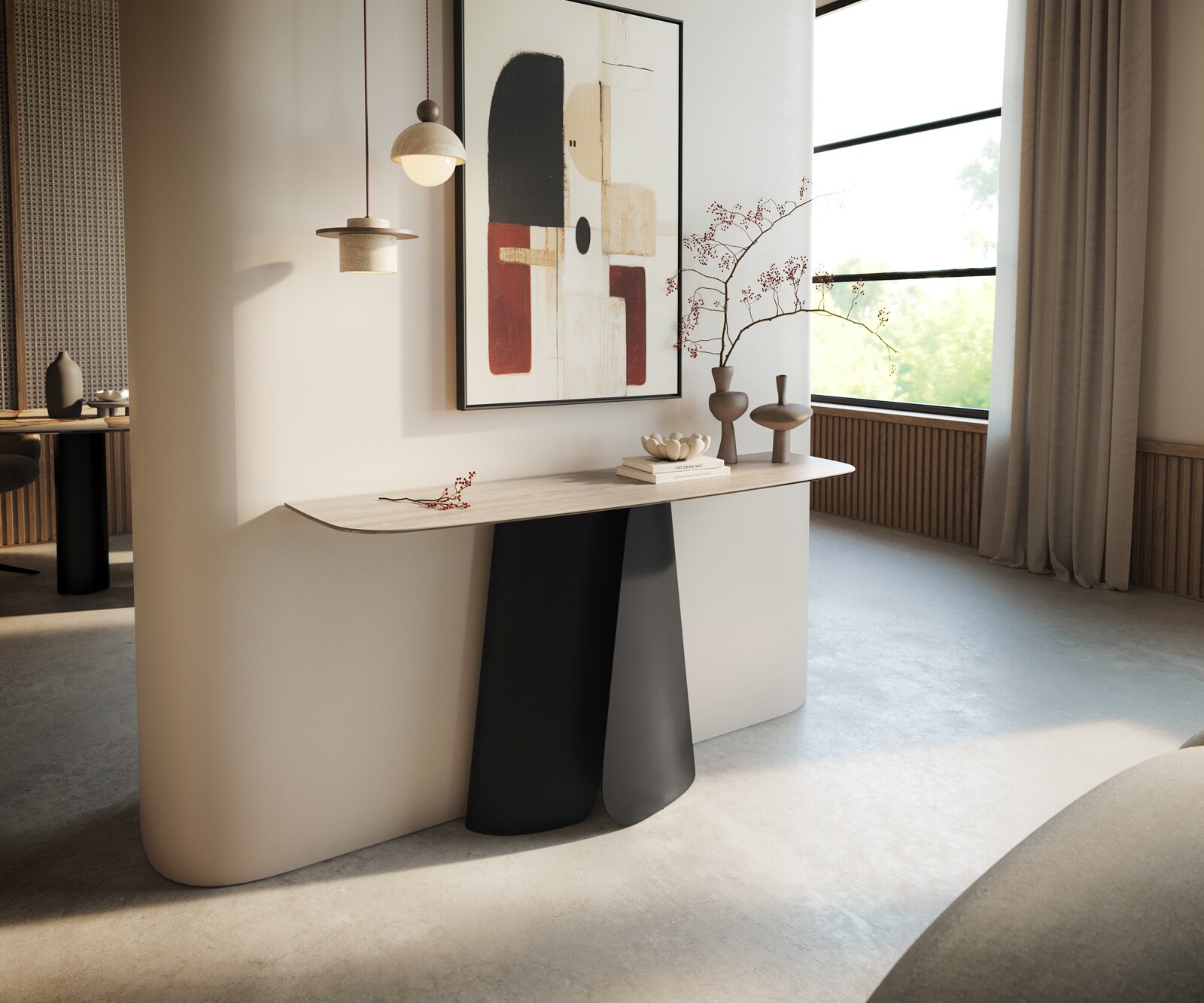 Console Edge forme bateau 140x40 cm Céramique Laminam® Travertino Bianco Creme-Weiß Livos Métal Noir 1
