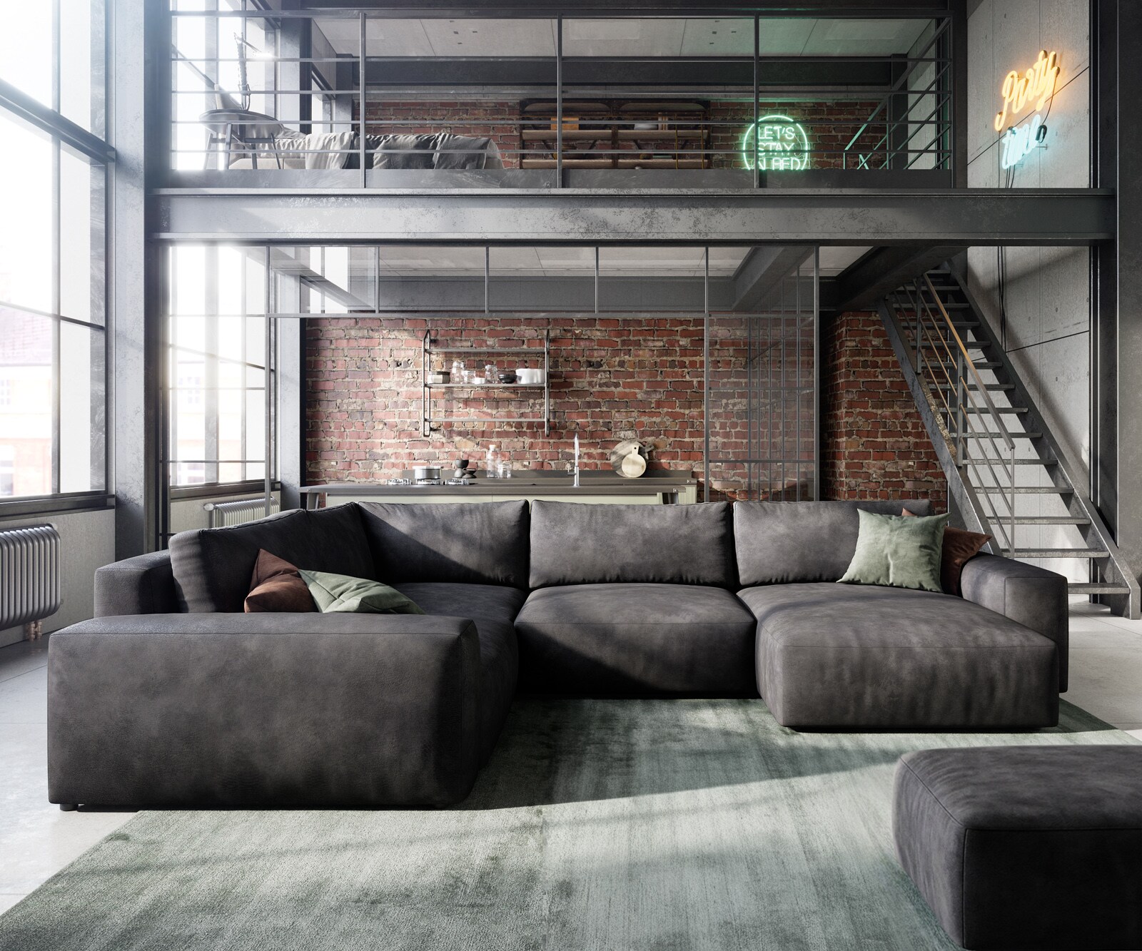 Grand canapé d’angle Lanzo 300x210 cm similicuir vintage anthracite 300x210 cm méridienne réversible avec pouf 1