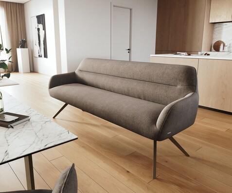 Banc-de-salle-à-manger Taya-Flex 200 cm tissu structuré doux taupe pied croisé angulaire titane ressort ensaché