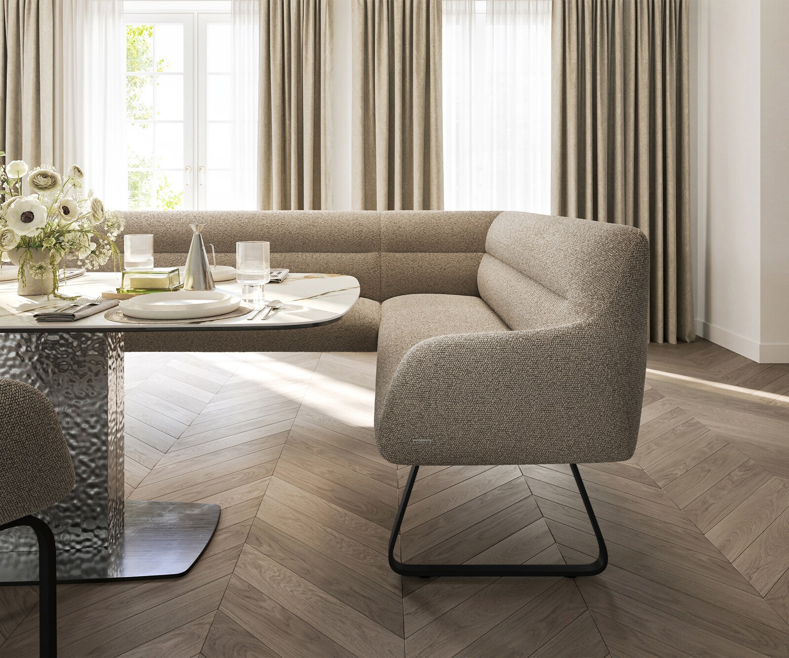 Banc-de-salle-à-manger Taya-Flex 285x190 cm bouclé boue châssis à patins plat noir ressort ensaché liens 5