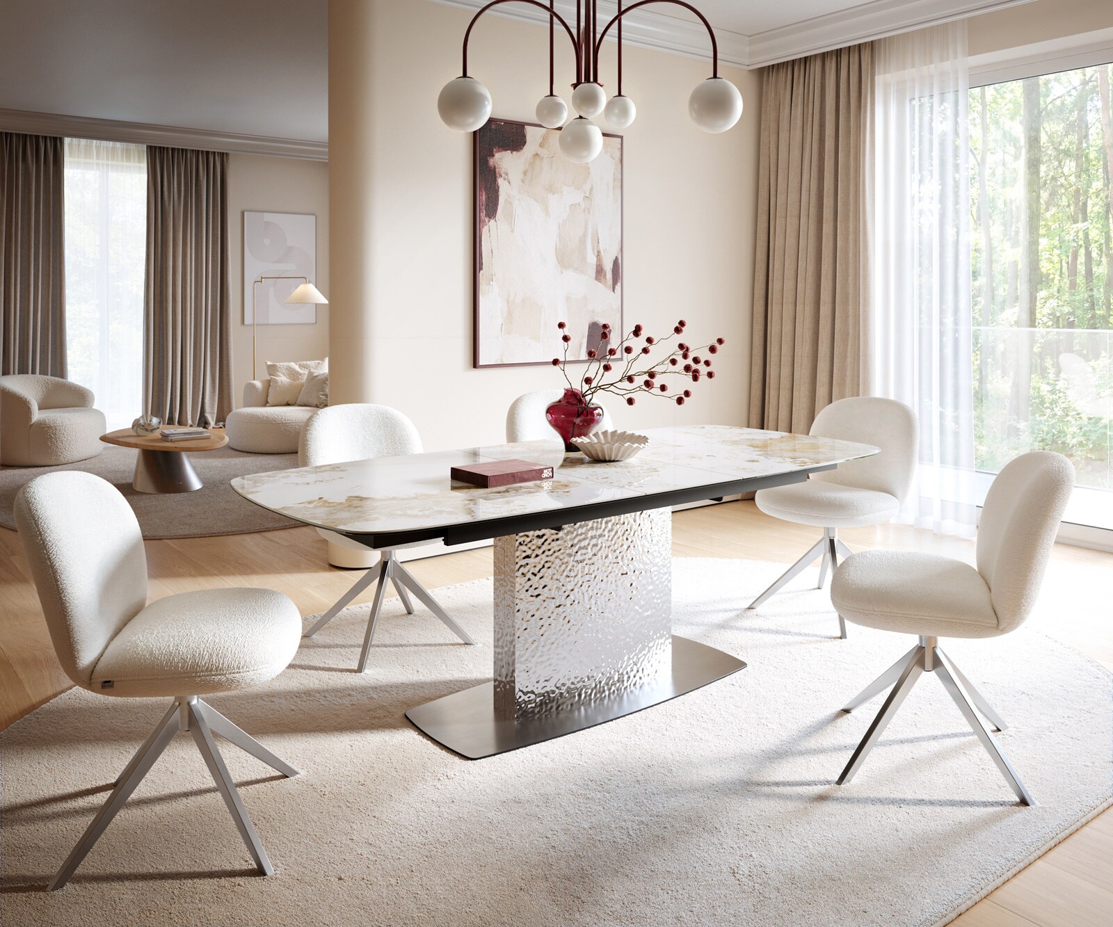 Table à manger Edge 180-220x100cm Céramique Minas Mélange Blanc-Beige Wave acier inoxydable extensible 1