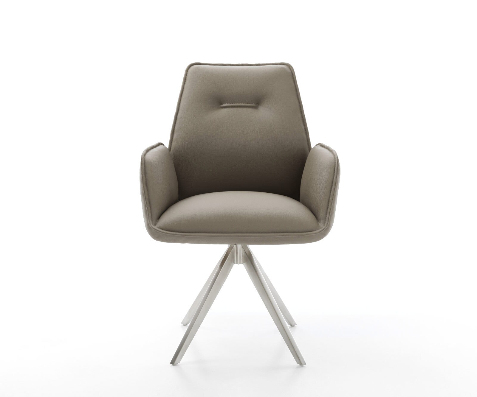 Chaise-de-salle-à-manger Zoa-Flex cuir de vache couleur boue pied croisé angulaire acier inoxydable brossé ressorts ensachés 1