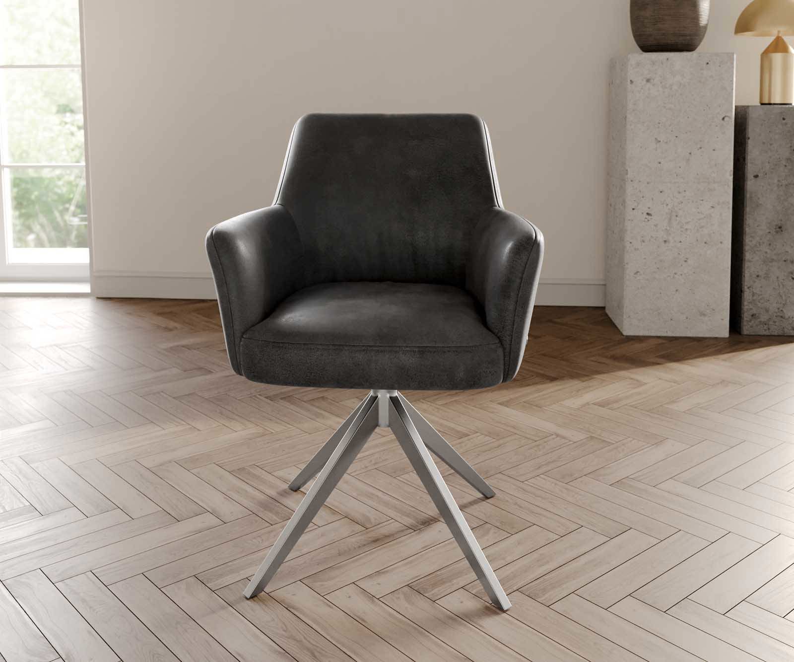 Chaise-pivotante Xana-Flex avec accoudoirs microvelours anthracite vintage pied croisé large acier inoxydable brossé pivotement sur 360° ressorts ensachés 1