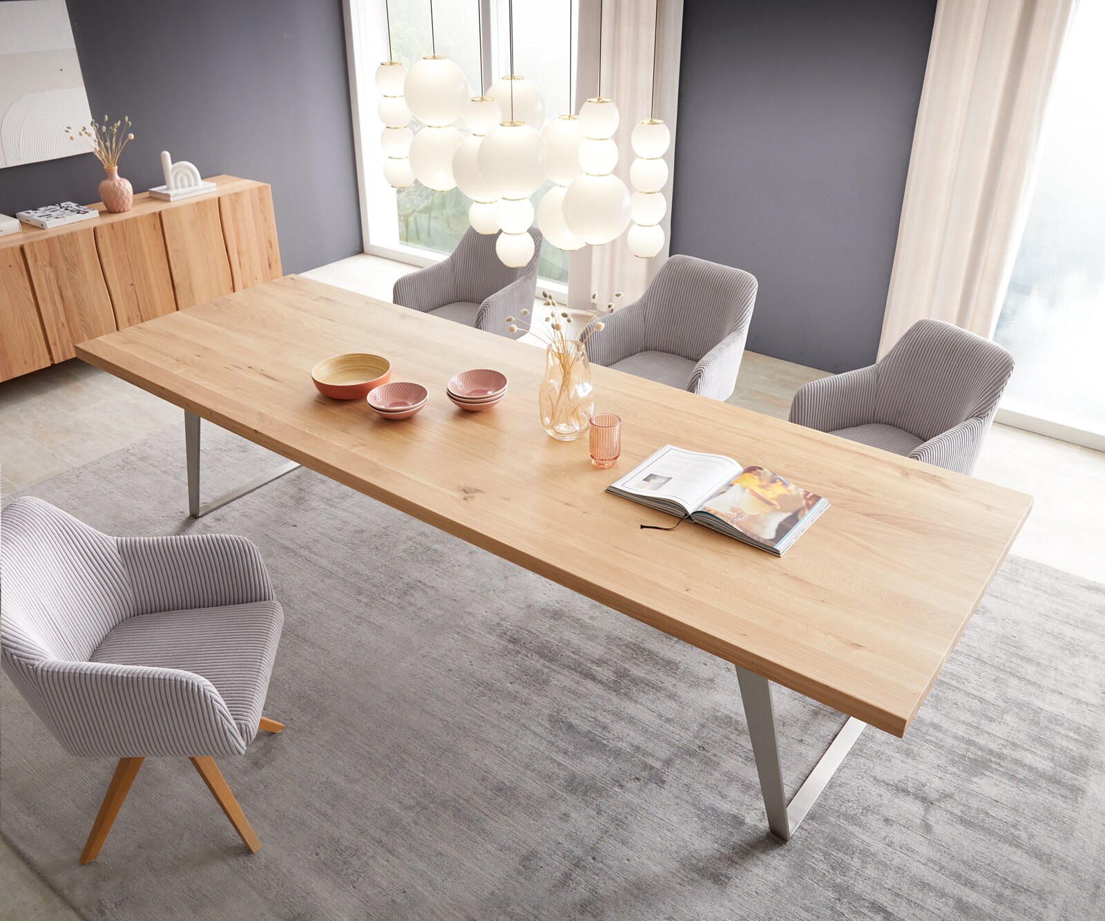 Table à manger Edge 300x100 chêne nature acier inoxydable inclinée 4