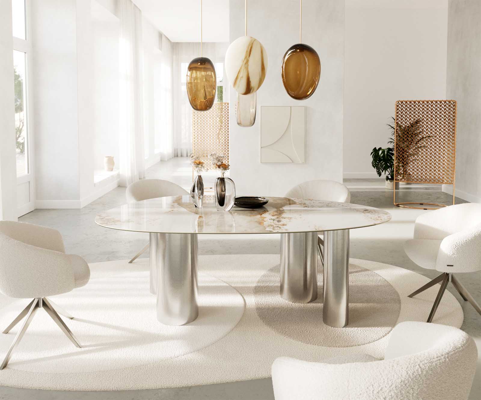 Table à manger Edge Oval 220x120 Céramique Minas Melange Blanc-Beige Pilier Acier inoxydable 1