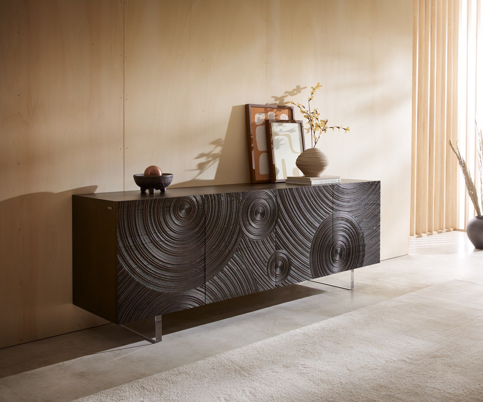 Buffet Ashara 200 cm Frêne brun foncé Effet 3D 4 portes Pieds suspendus Verre acrylique
