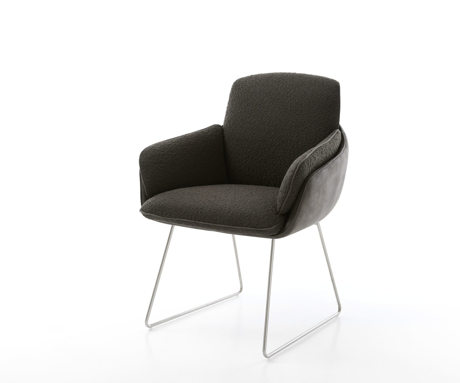 Chaise-de-salle-à-manger Luan-Flex avec accoudoirs tissu mixte noir pied trapèze acier inoxydable brossé