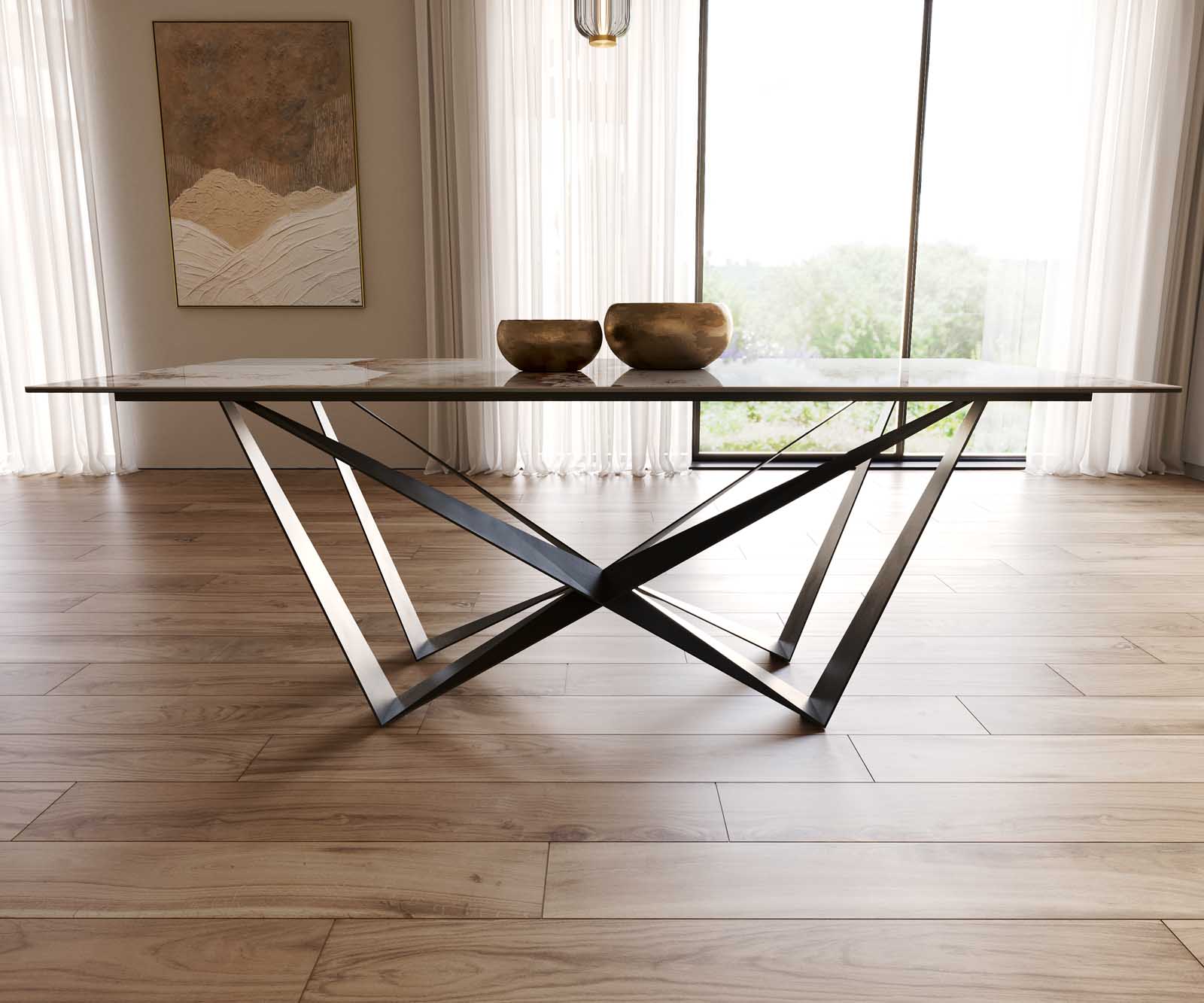 Table à manger Edge 200x100 céramique Minas mélange blanc-beige Spider acier plat noir 8