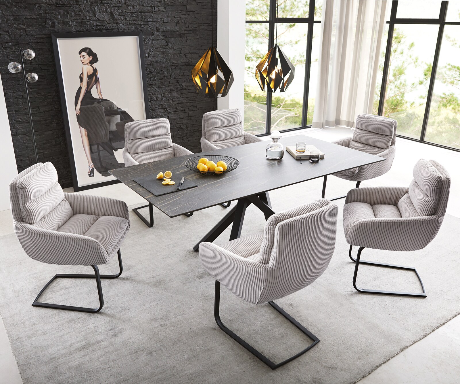 Cantilever Abelia-Flex avec accoudoirs côtelé gris argenté pied cantilever plat noir 3 Cantilever Abelia-Flex avec accoudoirs côtelé gris argenté pied cantilever plat noir 3