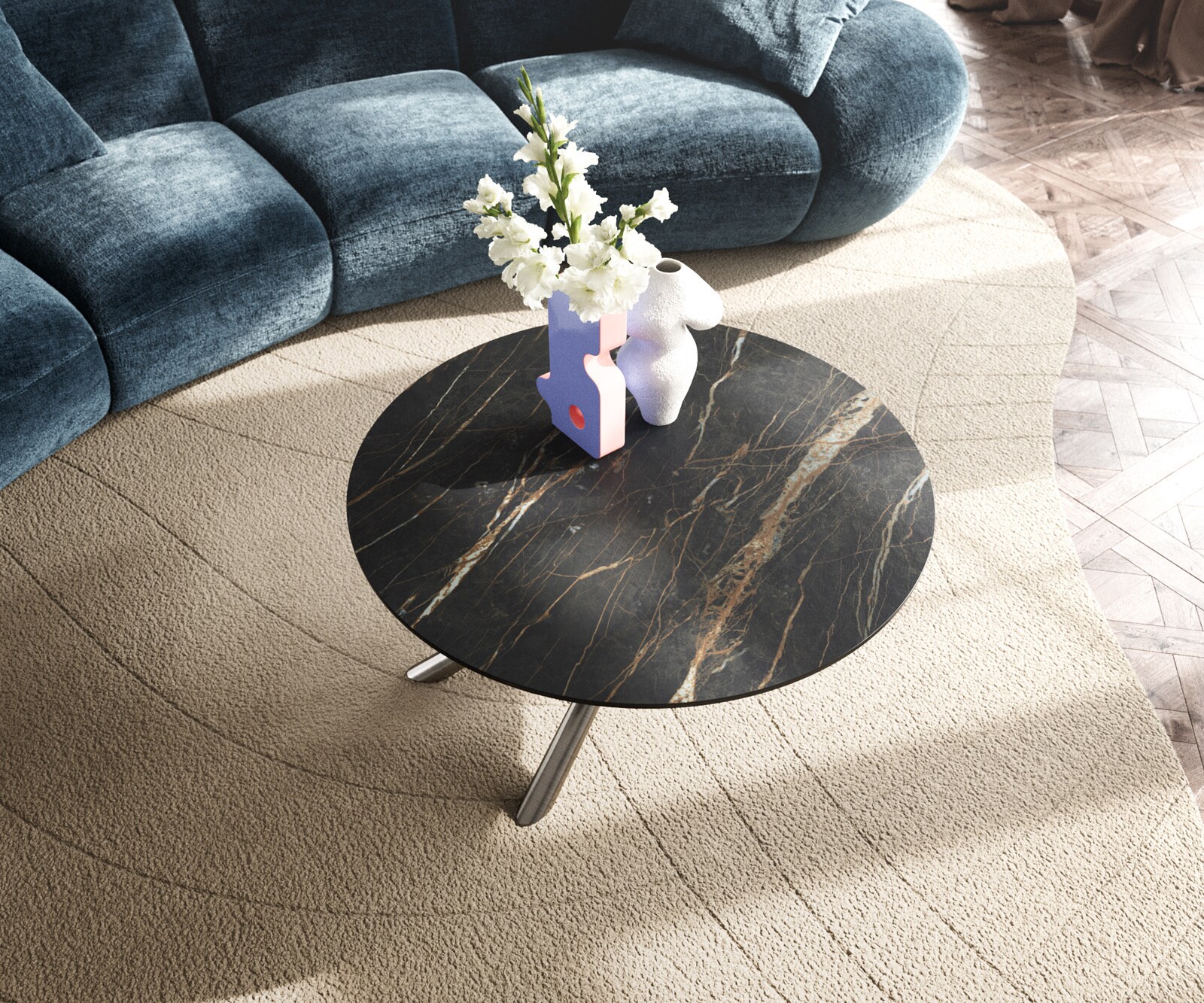 Table basse Edge rond 90x90 cm céramique Laminam® Noir Desir brun Sarity acier inoxydable brossé 3