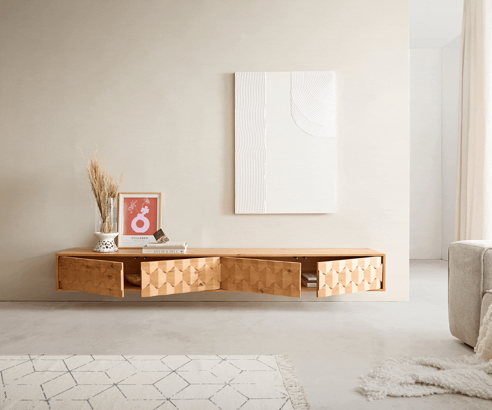 Meuble-TV Fevo 220 cm chêne naturel 4 portes flottantes 2 Meuble-TV Fevo 220 cm chêne naturel 4 portes flottantes 2