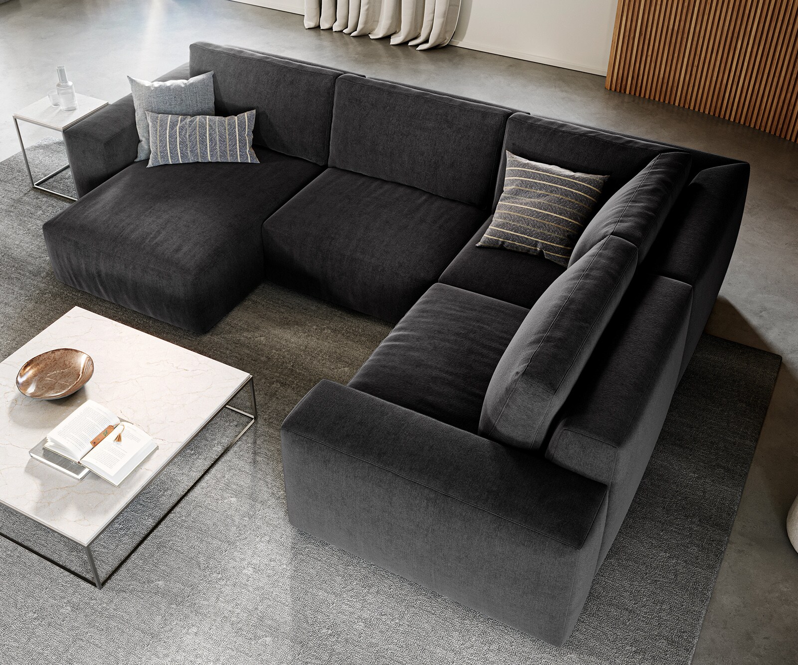 Grand canapé d’angle Lanzo 300x210 cm microfibre noir méridienne réversible avec pouf 3